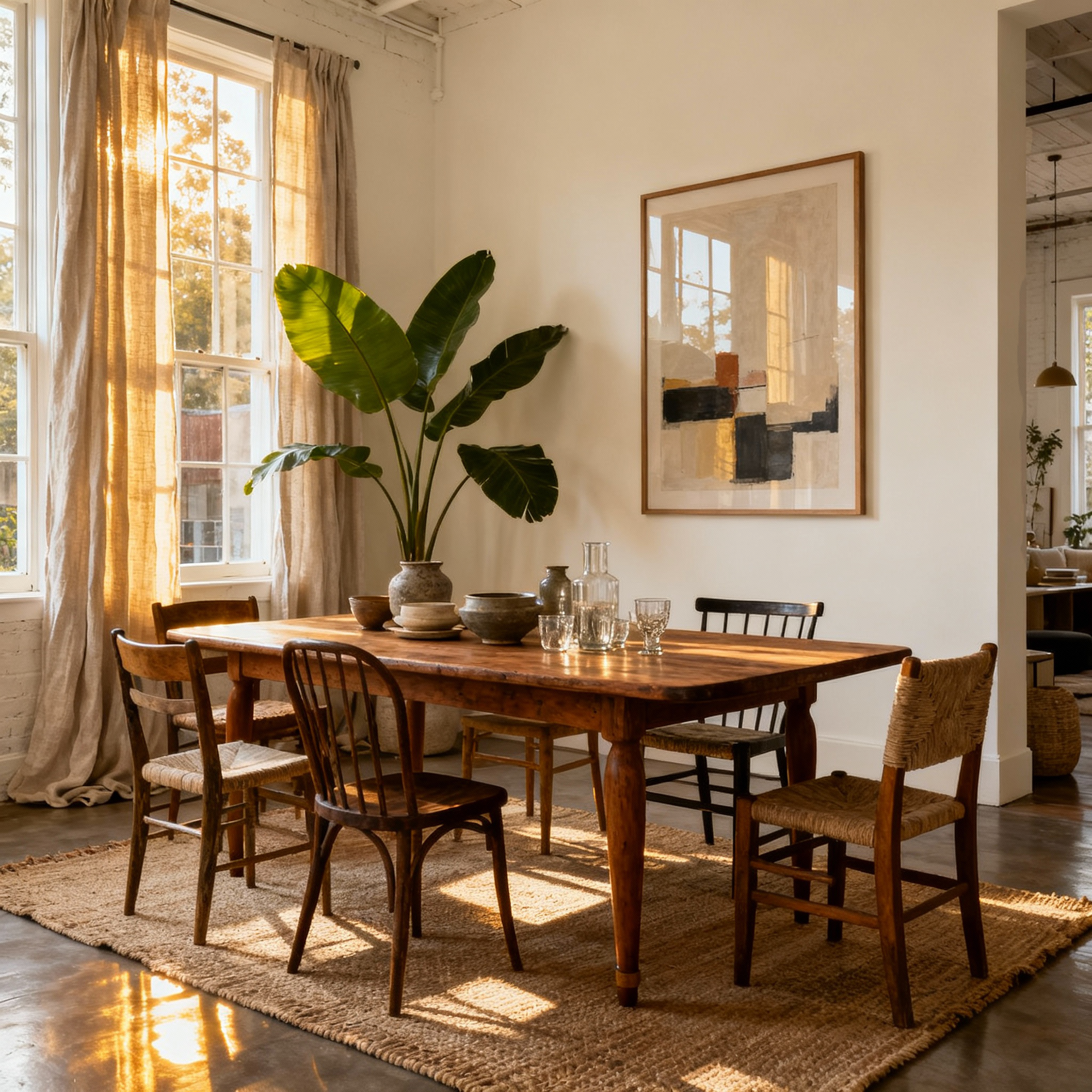 Dining room with wooden table and chairs, large plant, and framed mirror on the wall.