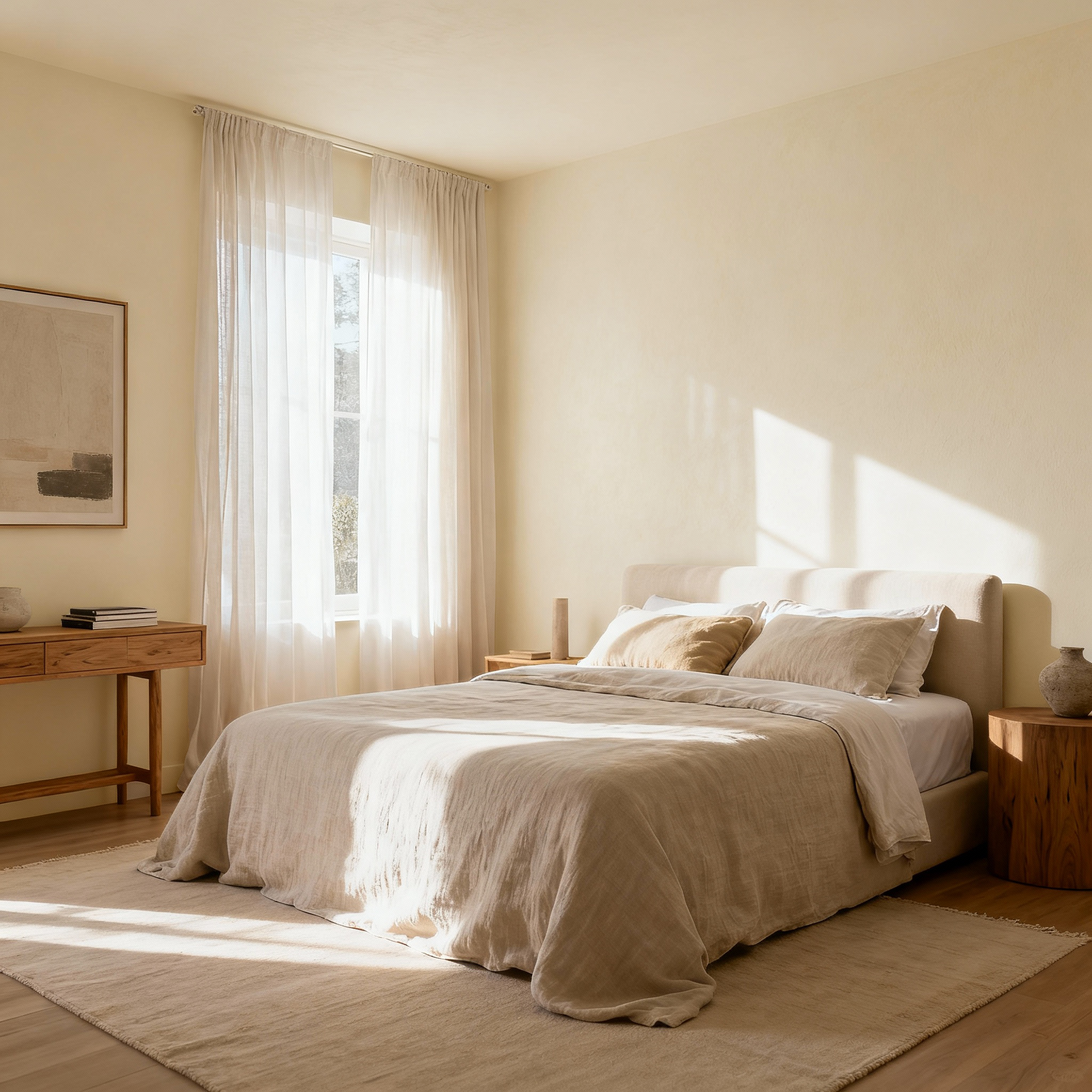 Neatly made bed in a bright bedroom with natural light filtering through curtains.
