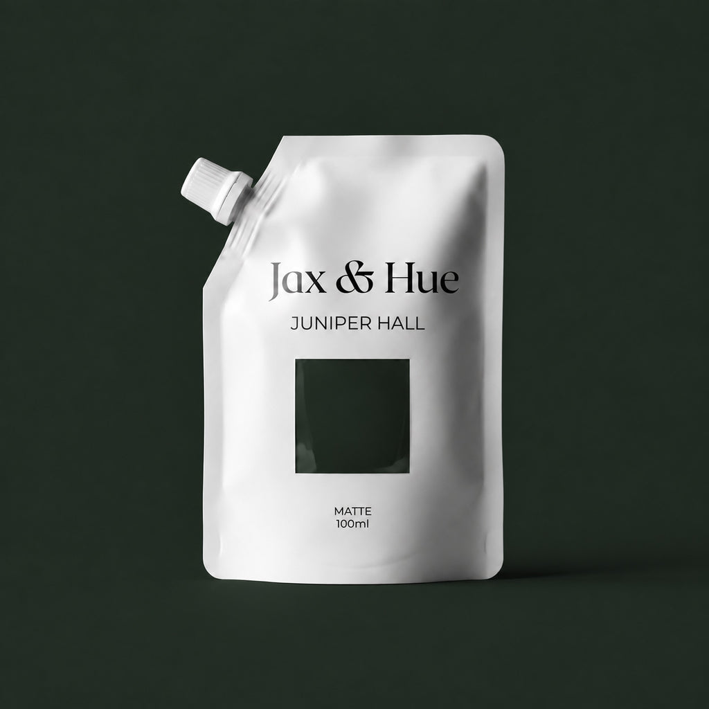 Juniper Hall Color Tester pouch with a deep juniper green paint window and matching background.