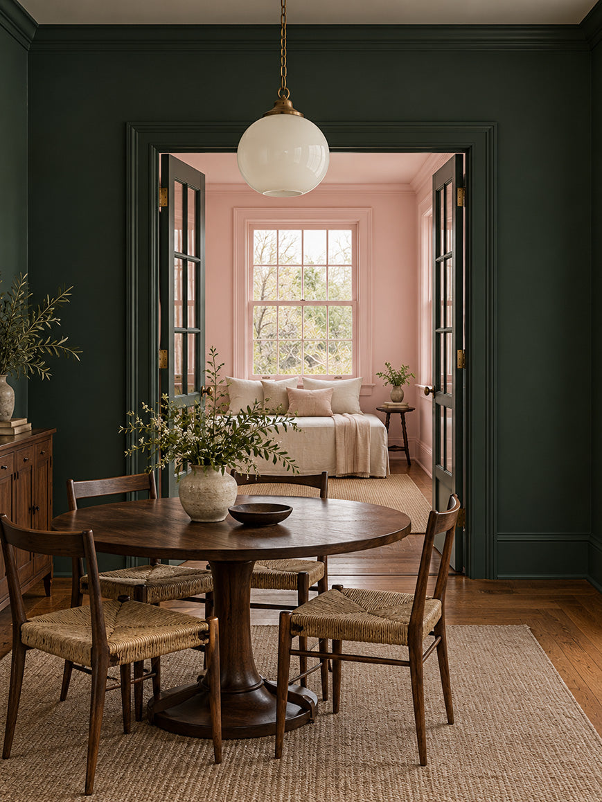 Juniper Hall and Poudre Rosé bring out a more intriguing side of one another. Deep green gives the dusty blush a grown-up edge, while the pink softens the green’s intensity. A pairing with presence and tenderness in equal measure, for rooms that feel intimate, expressive, and quietly romantic.