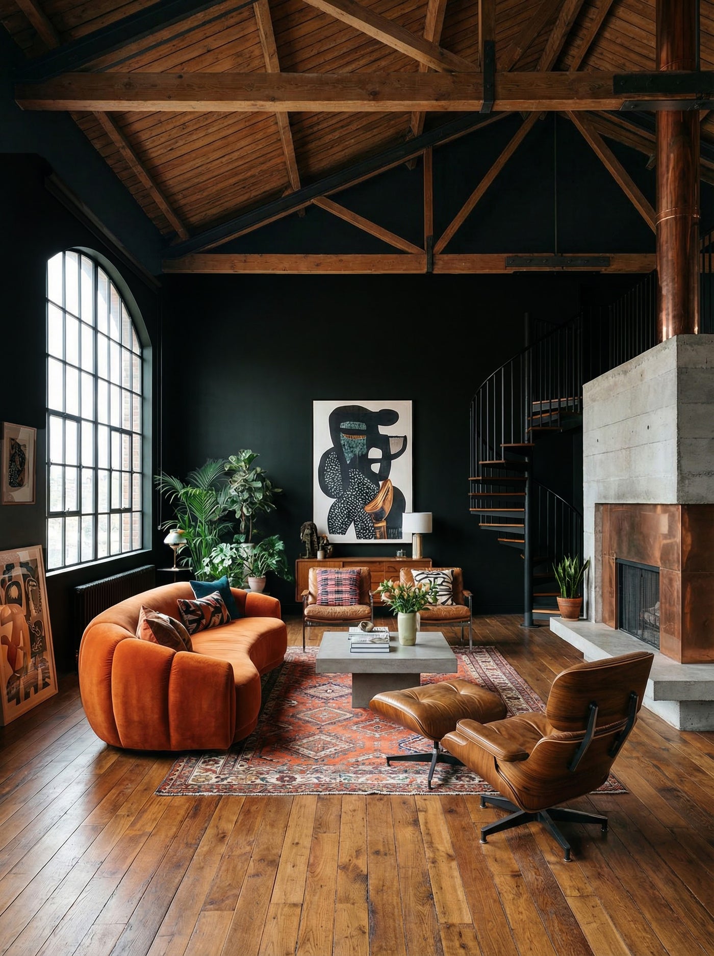 Modern dark green painted living room with orange sofa, wooden floor, and exposed beams.