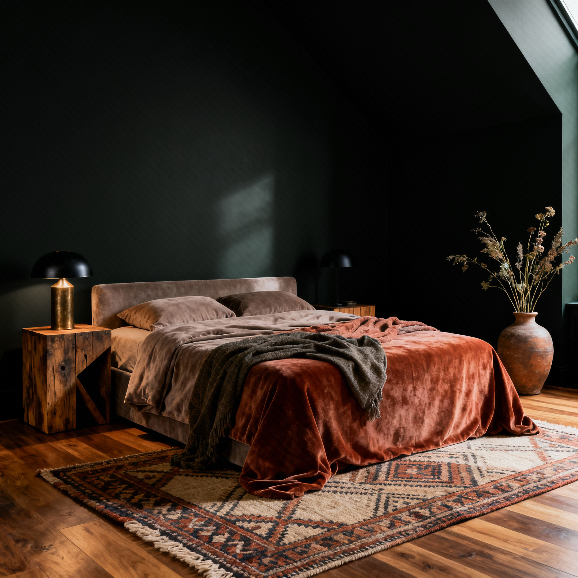 Cozy bedroom with a bed, wooden nightstands, and decorative elements.