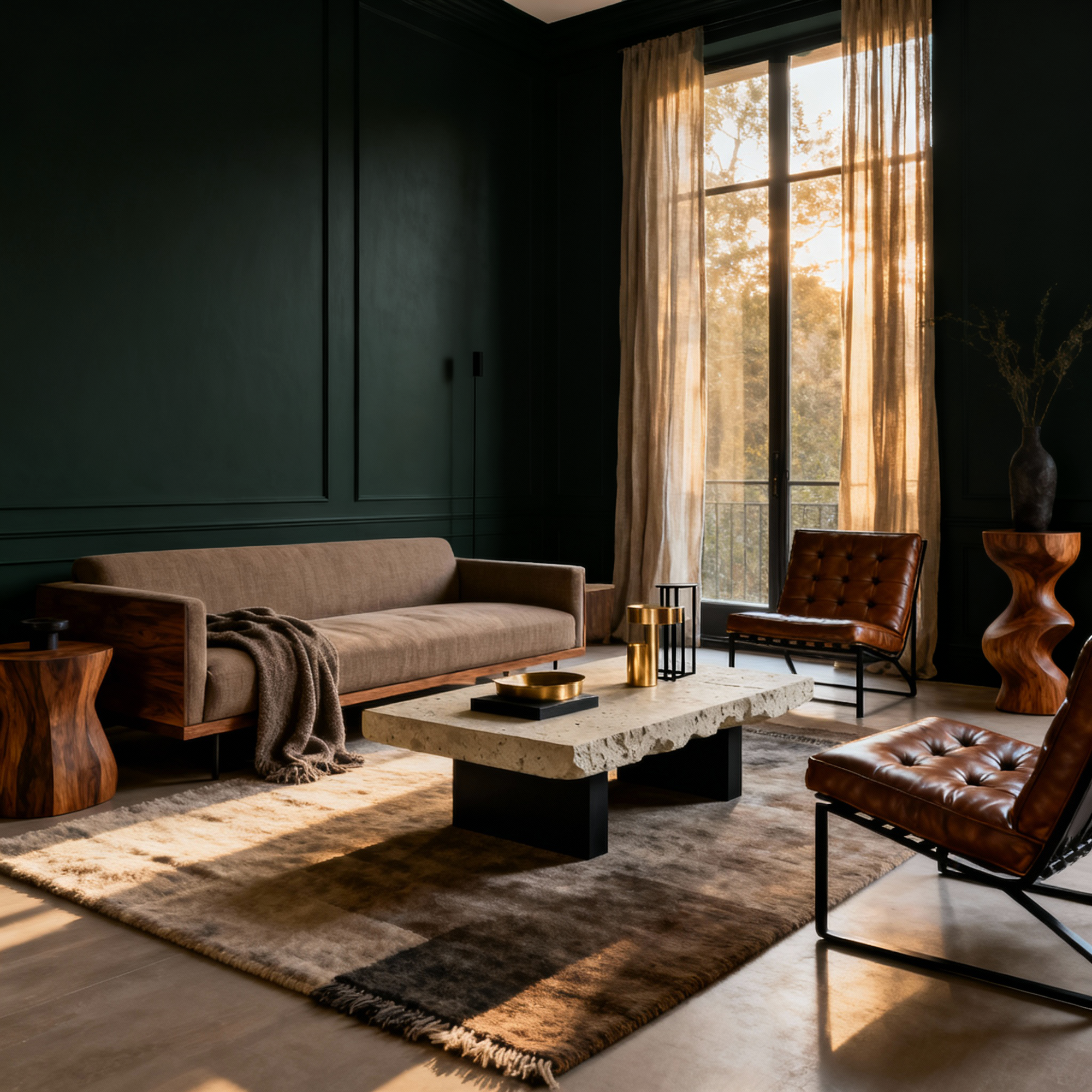 Modern living room with dark walls, brown sofa, and leather chairs.
