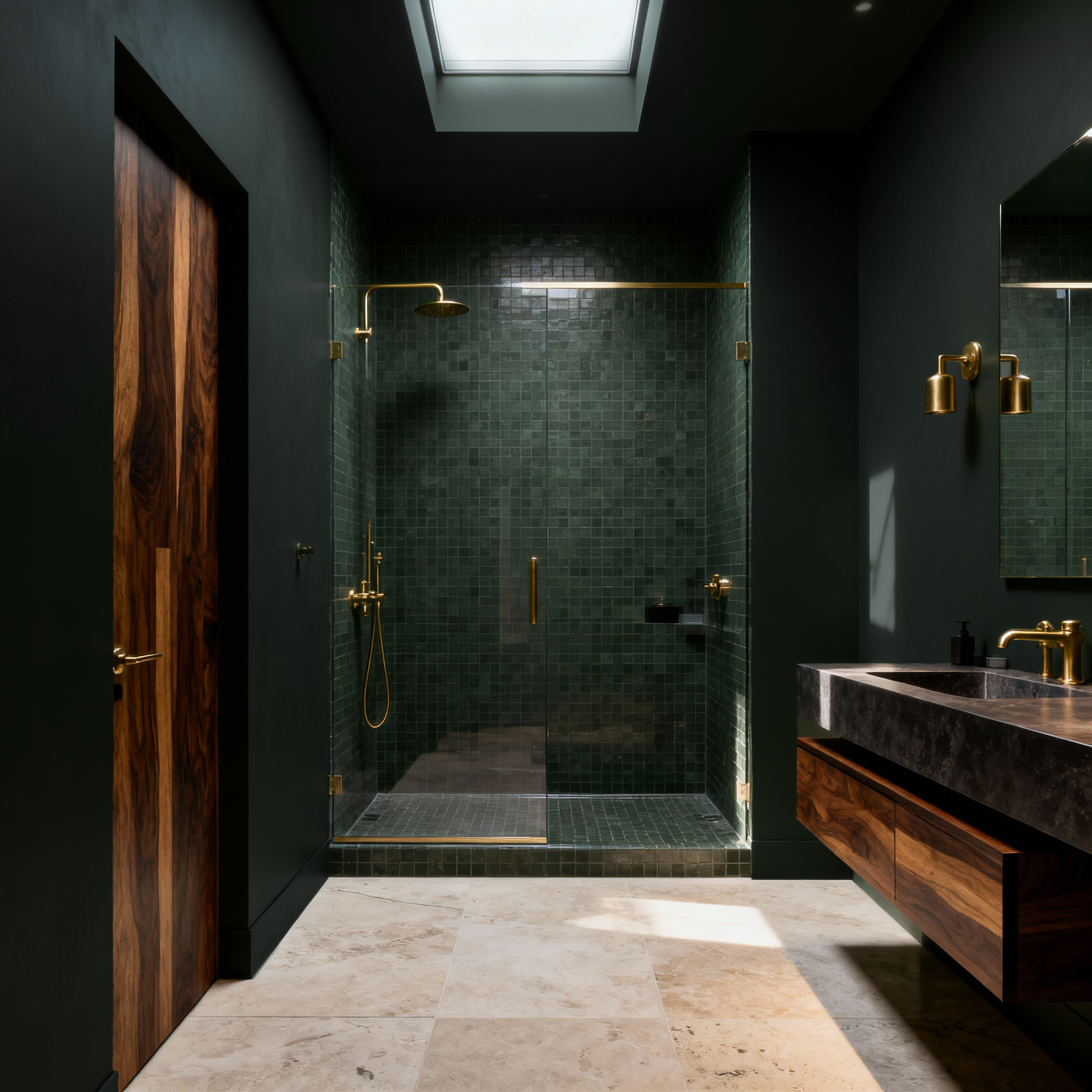 Modern bathroom with dark green tiles, wooden vanity, and skylight.