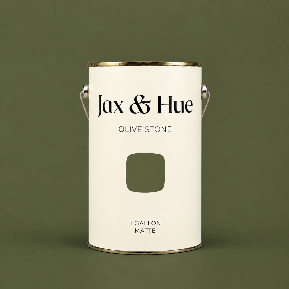 Jax & Hue Olive Stone earthy olive green matte paint gallon on a matching olive background.