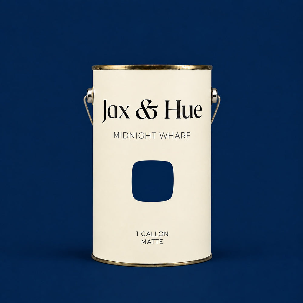 Jax & Hue Midnight Wharf dark blue interior paint gallon can with a blue color swatch