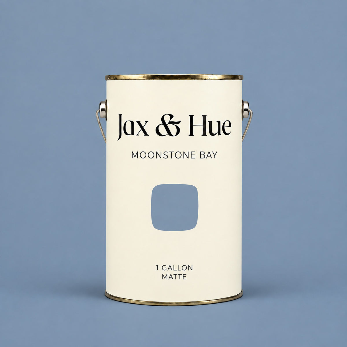 Jax & Hue Moonstone Bay muted blue-grey matte paint gallon on a matching blue background.