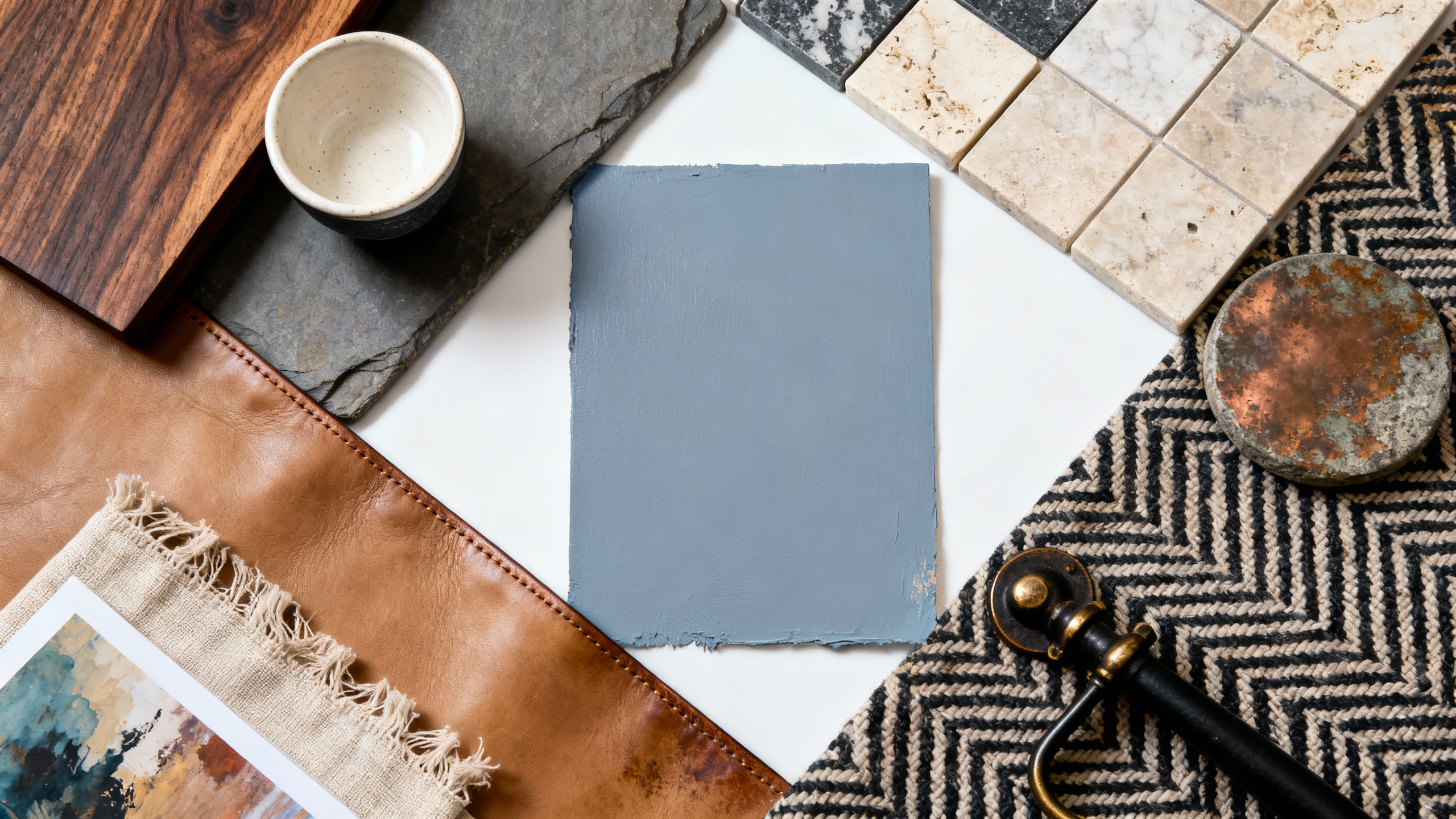 Collection of textured materials including leather, stone, and fabric on a white surface.