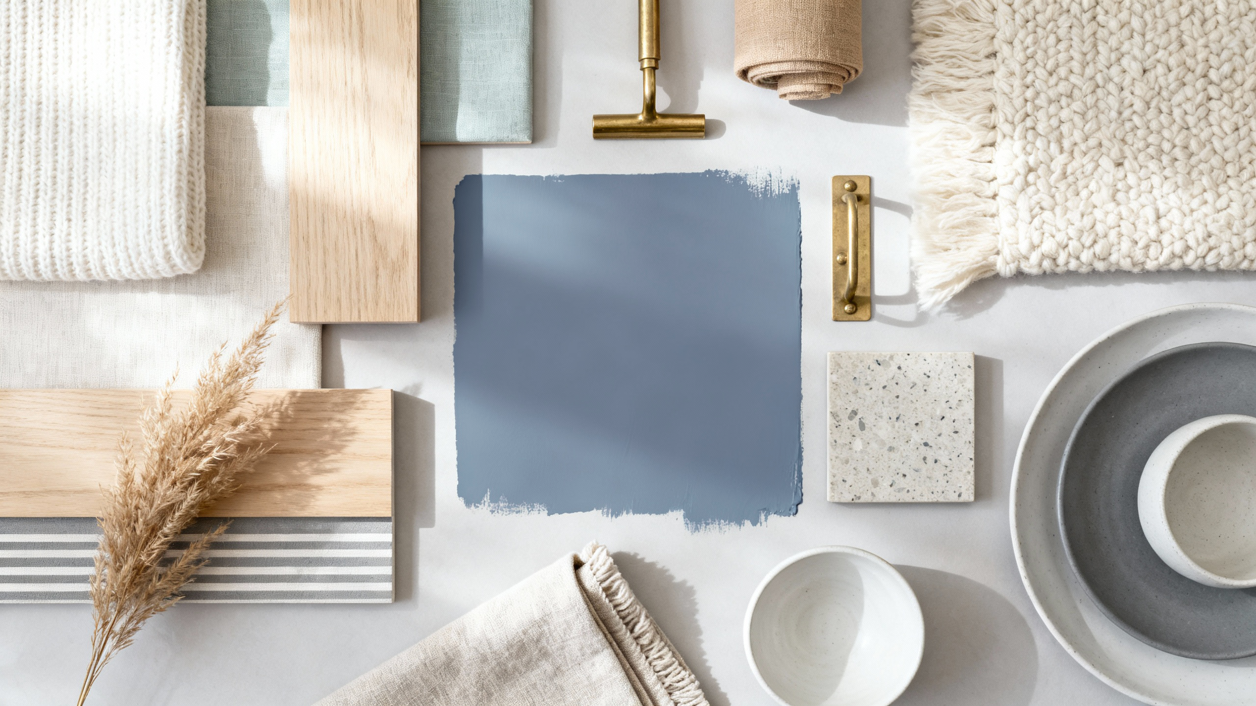 Collection of home decor items including a blue paint swatch, wooden planks, and ceramic bowls on a white surface.
