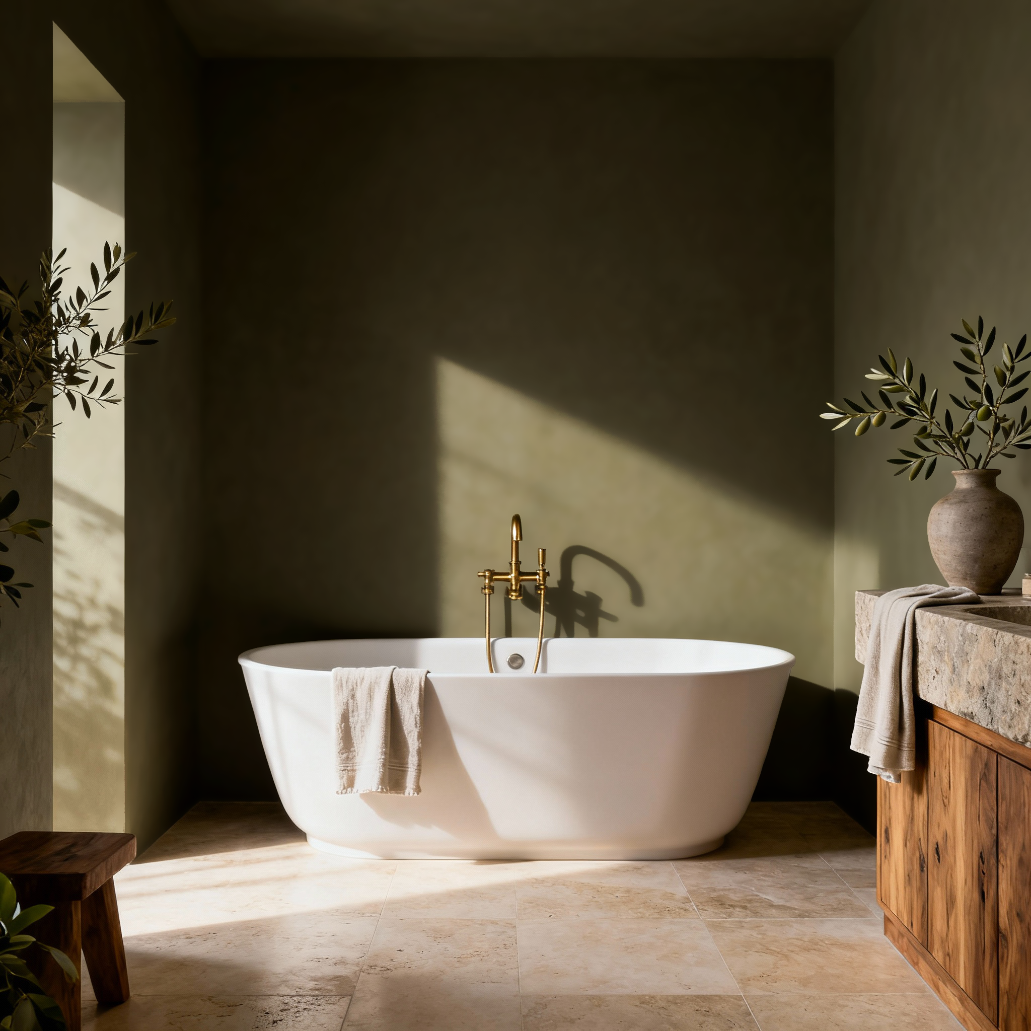Modern bathroom with a freestanding bathtub, wooden cabinet, and plants.
