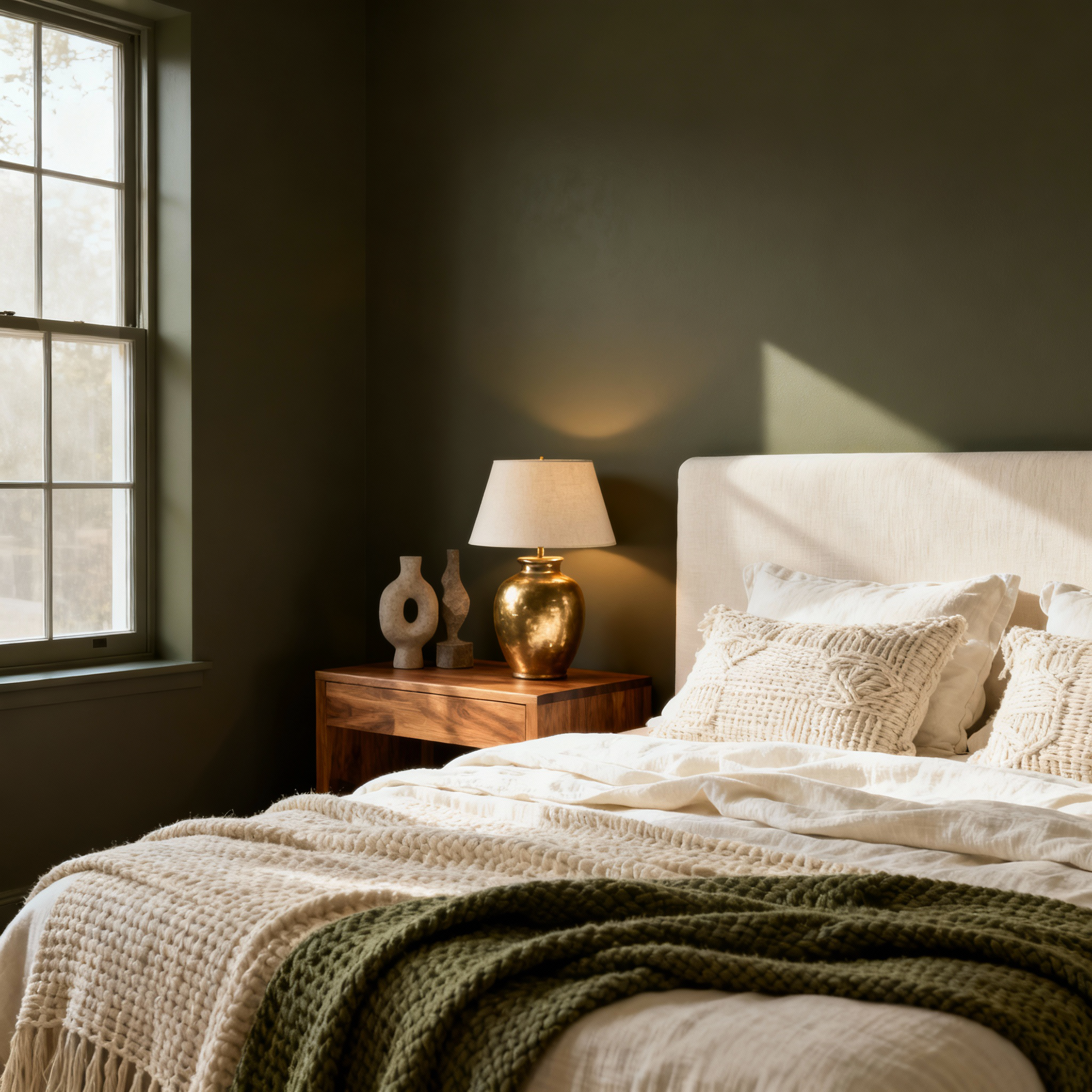 Cozy bedroom with a bed, nightstand, and lamp.