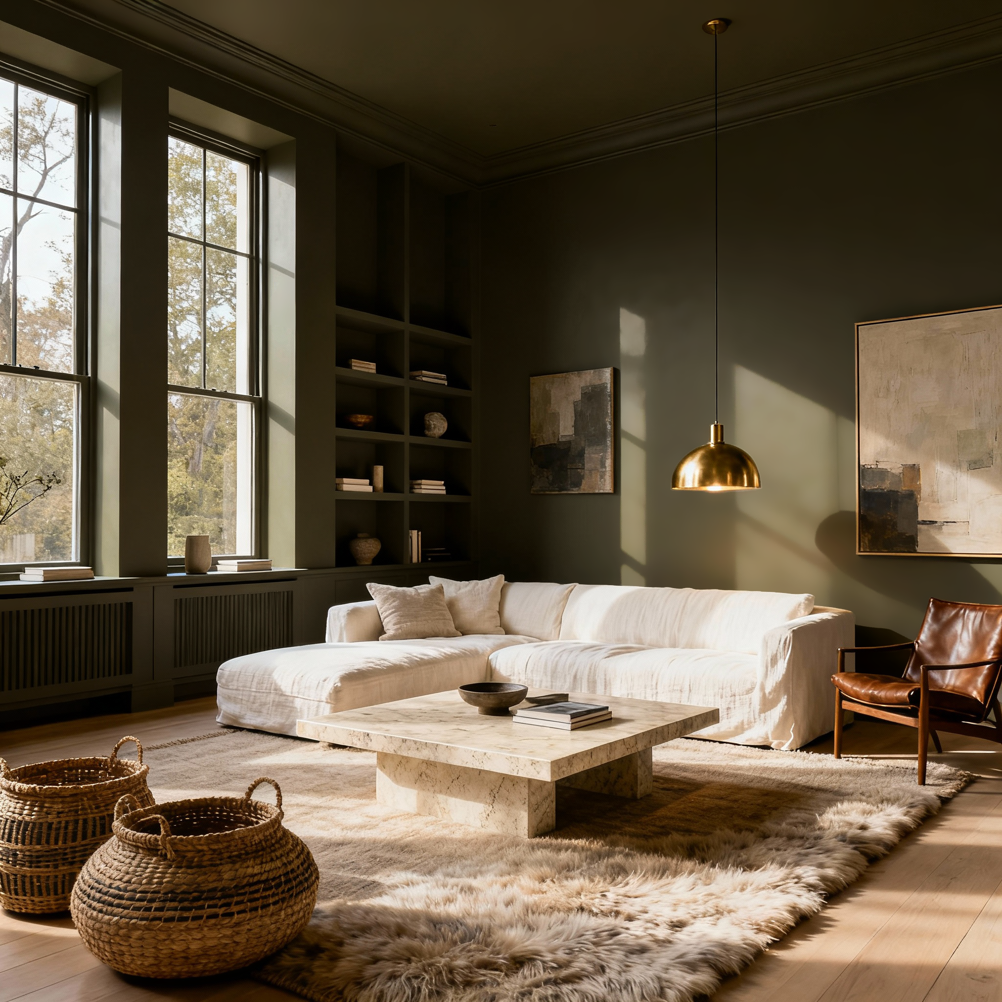 Modern living room with a white sofa, wooden coffee table, and decorative elements.