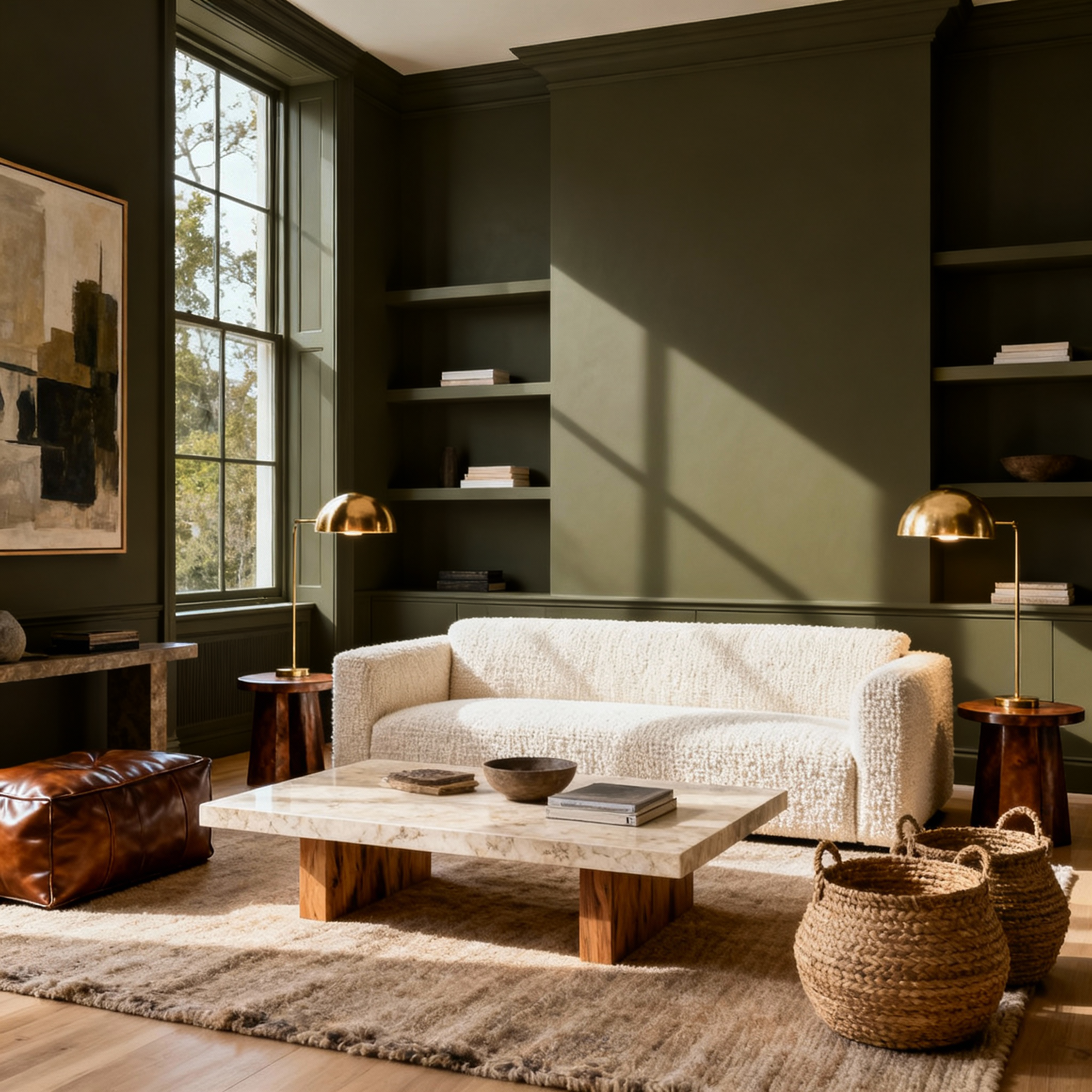 Modern living room with a textured sofa, wooden coffee table, and decorative items.