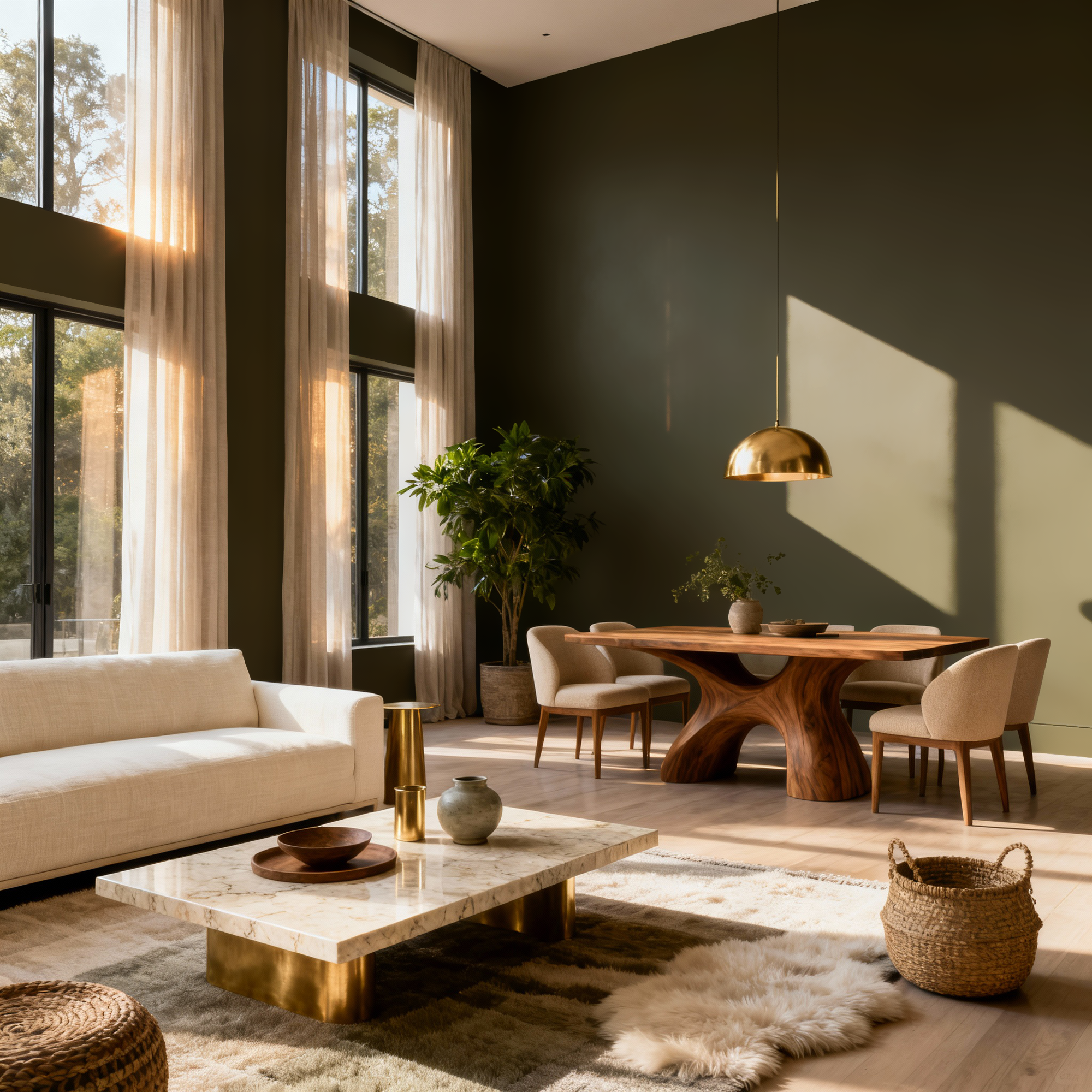 Modern living room with a dining area featuring a wooden table and chairs.
