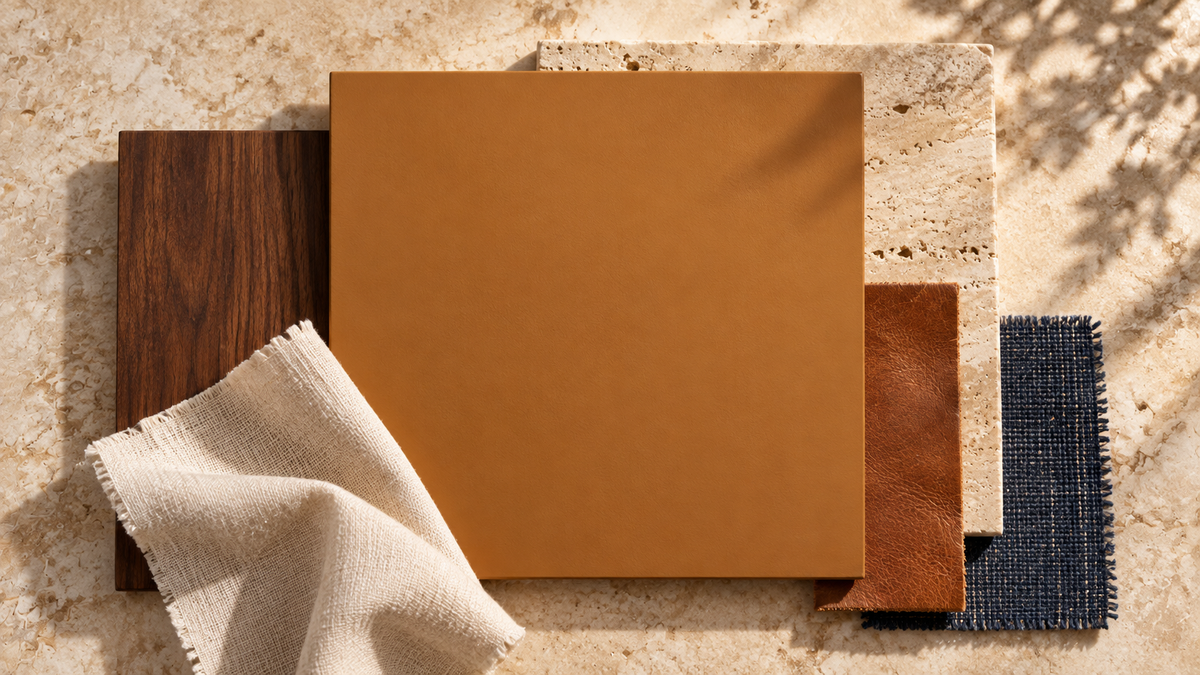 Ochre Saddle matte brown paint sample layered with travertine, dark walnut, ivory linen, cognac leather, and indigo fabric.
