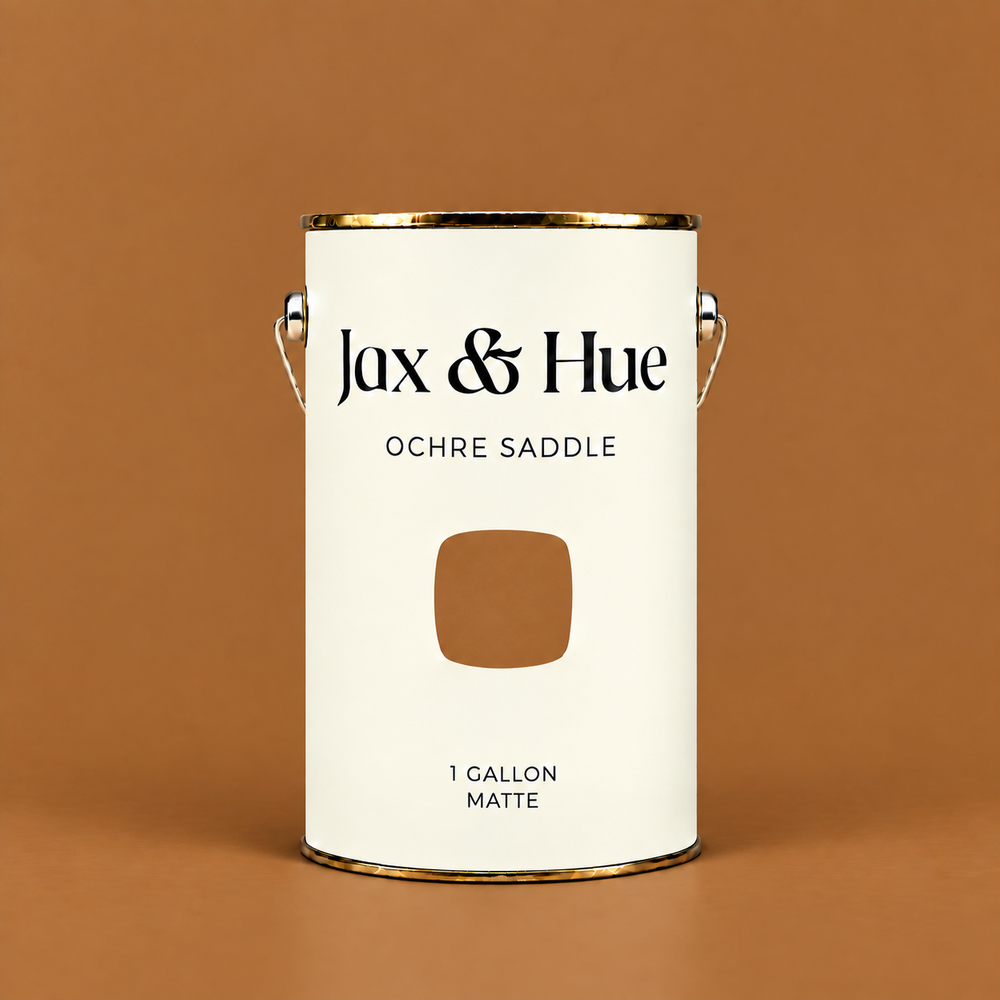 Jax & Hue Ochre Saddle gallon of Signature Matte interior paint with a rich warm brown swatch and copper-ochre backdrop.