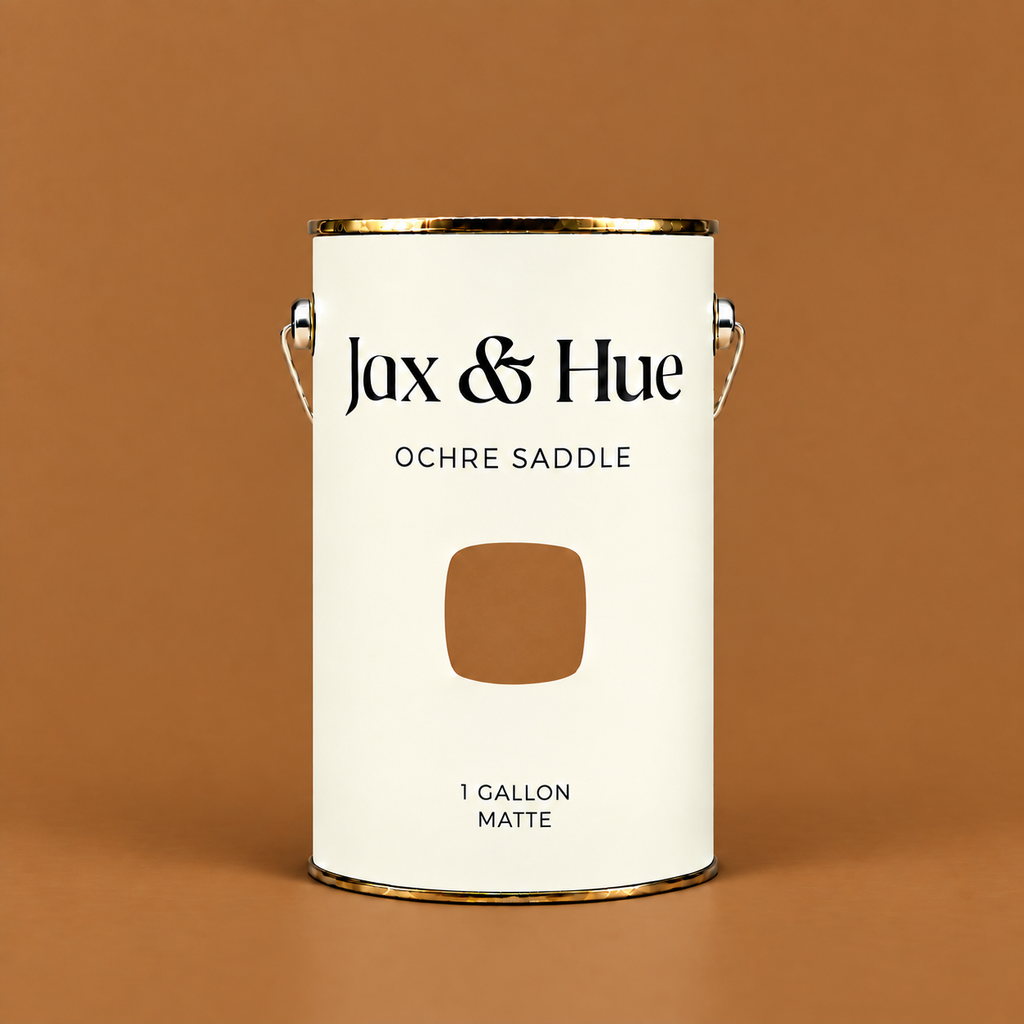 Jax & Hue Ochre Saddle gallon of Signature Matte interior paint with a rich warm brown swatch and copper-ochre backdrop.