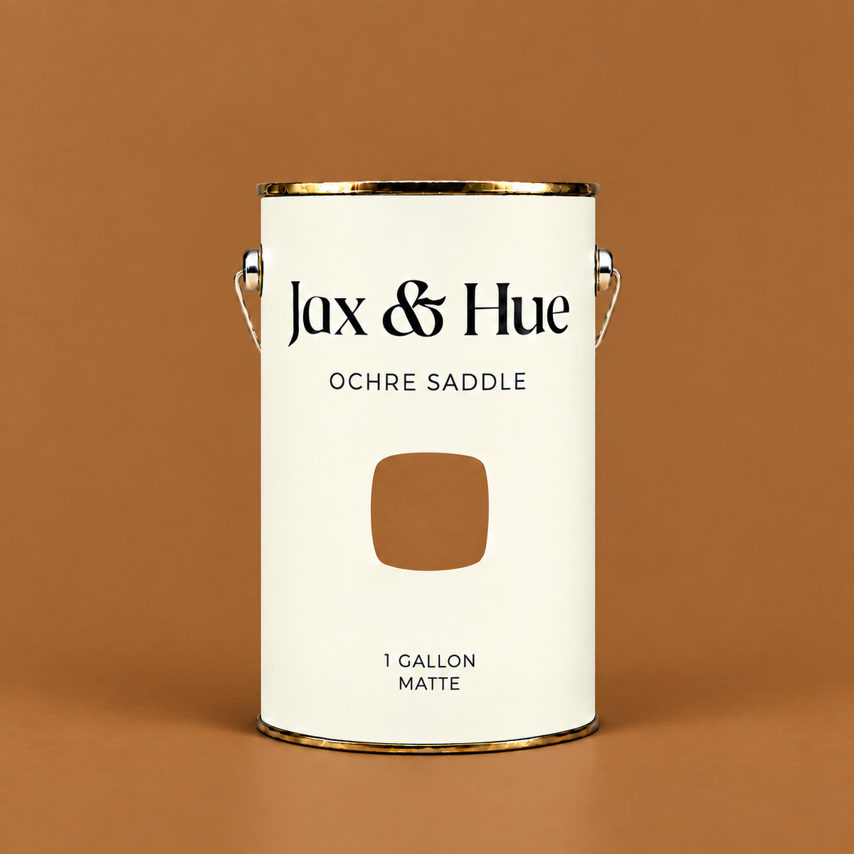 Jax & Hue Ochre Saddle gallon of Signature Matte interior paint with a rich warm brown swatch and copper-ochre backdrop.