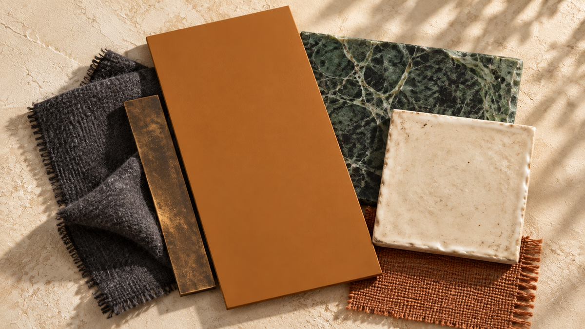 Ochre Saddle copper-ochre brown paint sample layered with green stone, cream ceramic tile, charcoal wool, aged bronze, and rust fabric.