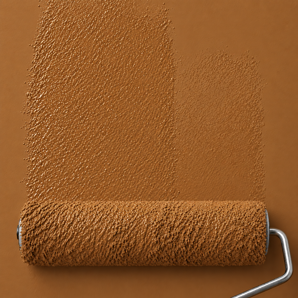 Paint roller applying Ochre Saddle warm ochre brown interior paint, with copper-brown pigment and textured matte wall finish.