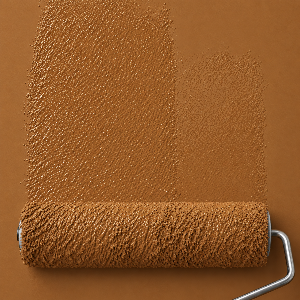 Paint roller applying Ochre Saddle warm ochre brown interior paint, with copper-brown pigment and textured matte wall finish.