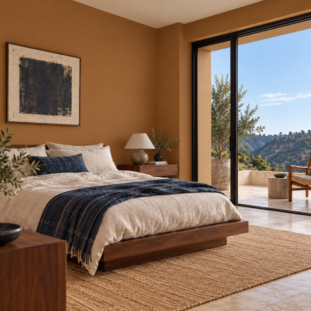 Bedroom with Ochre Saddle warm brown paint on the walls, a walnut bed, ivory linens, indigo textile, and a canyon terrace.