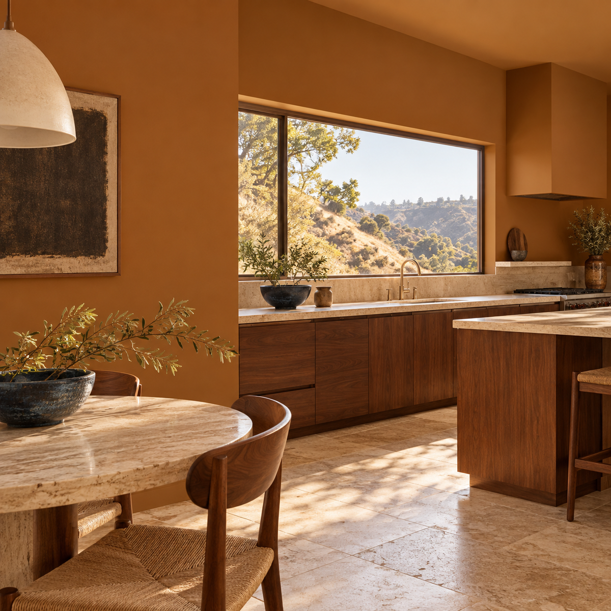 Mid-century kitchen painted Ochre Saddle, a saturated copper-brown wall color, with walnut cabinets, pale stone, and hillside views.