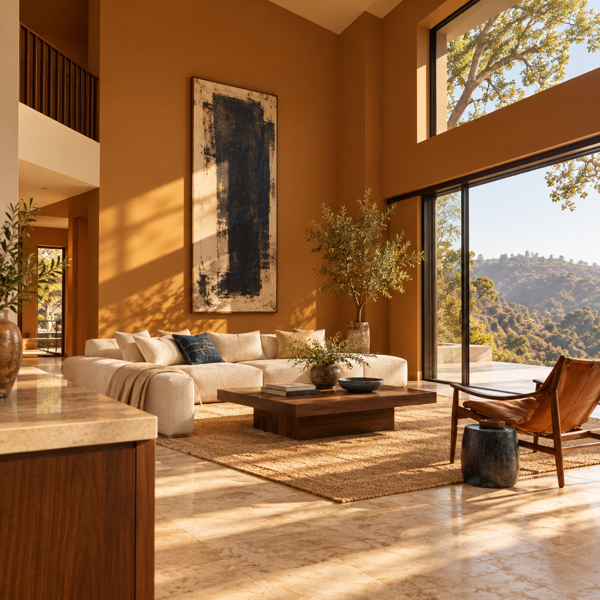 High-ceiling mid-century living room with Ochre Saddle warm ochre brown walls, walnut furniture, an ivory sofa, and a canyon view.
