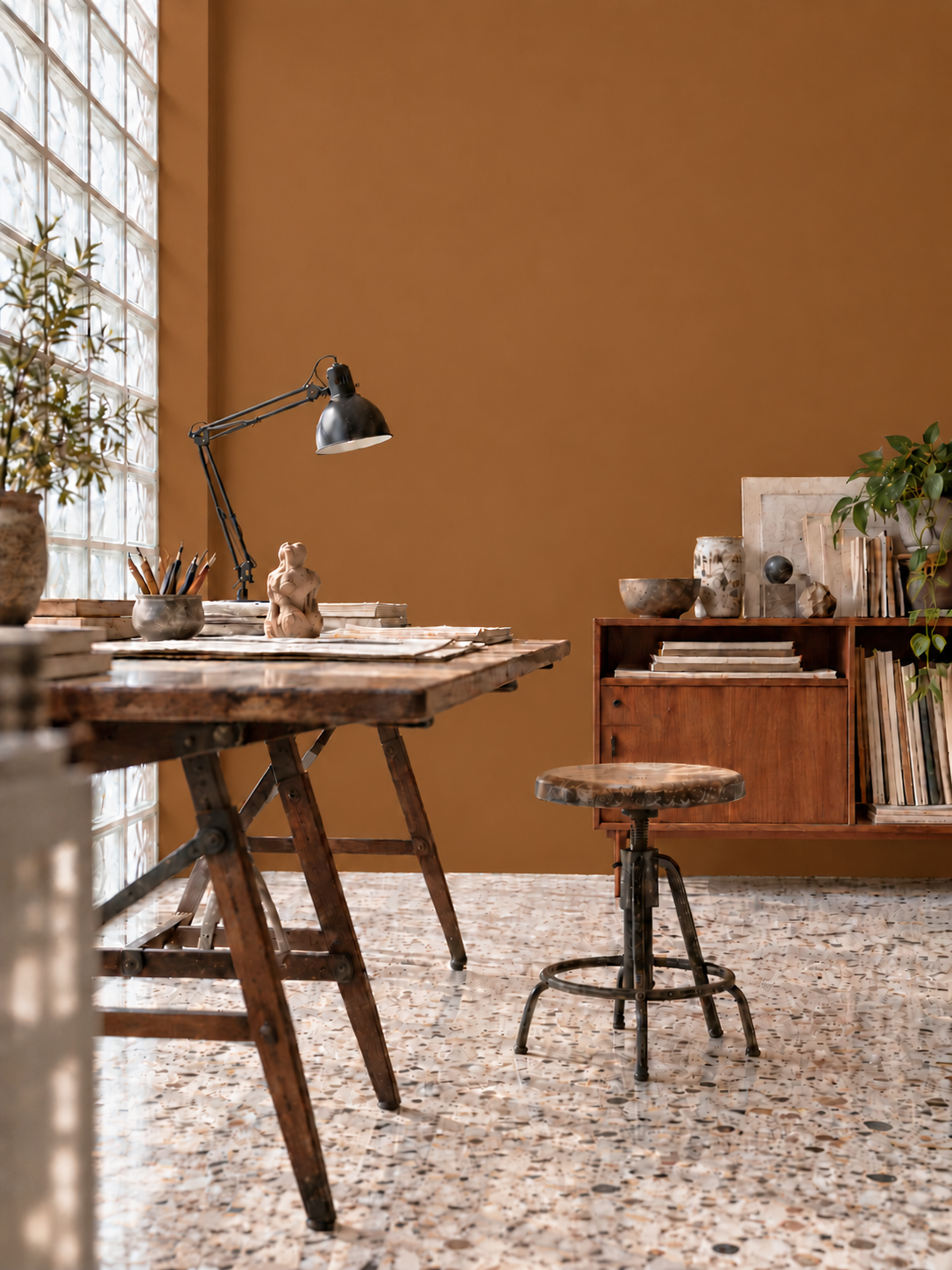 Mid-century artist studio with Ochre Saddle copper-brown painted walls, a drafting table, glass blocks, and terrazzo flooring.