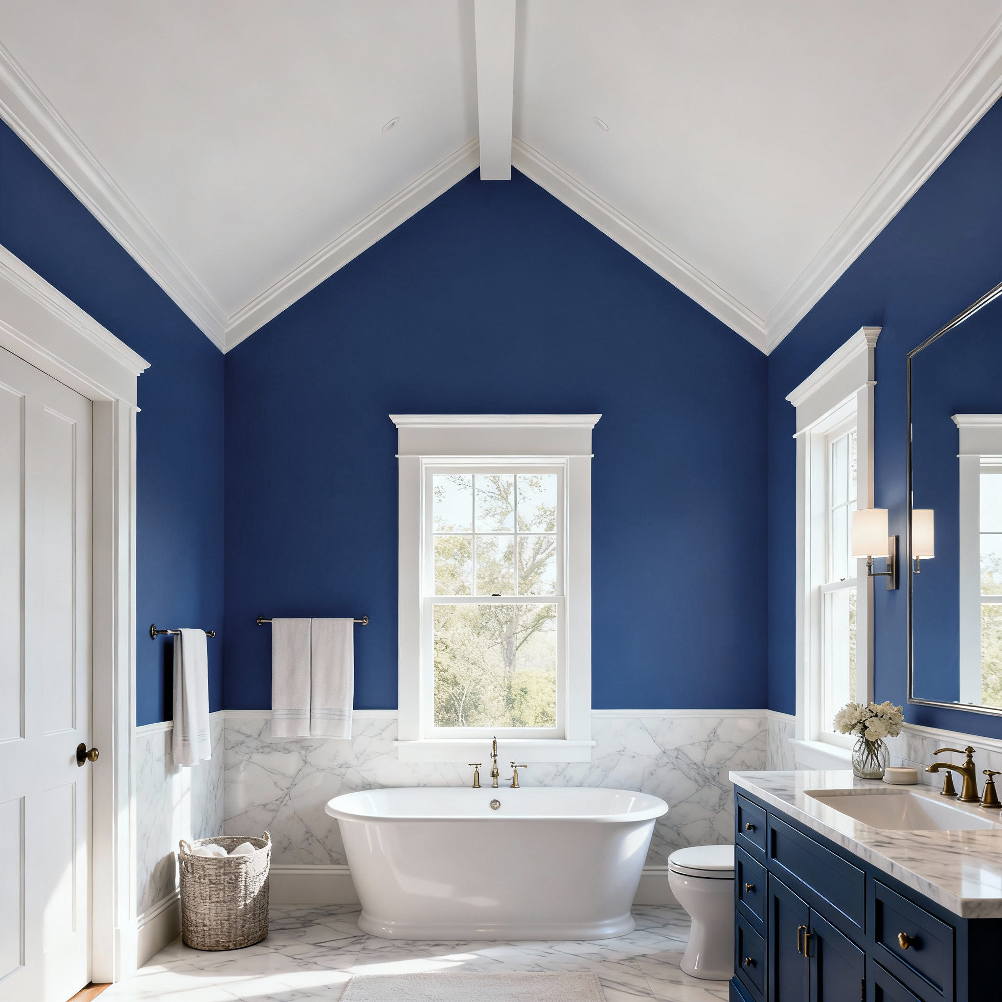 Bathroom with blue walls, white fixtures, and a freestanding bathtub.