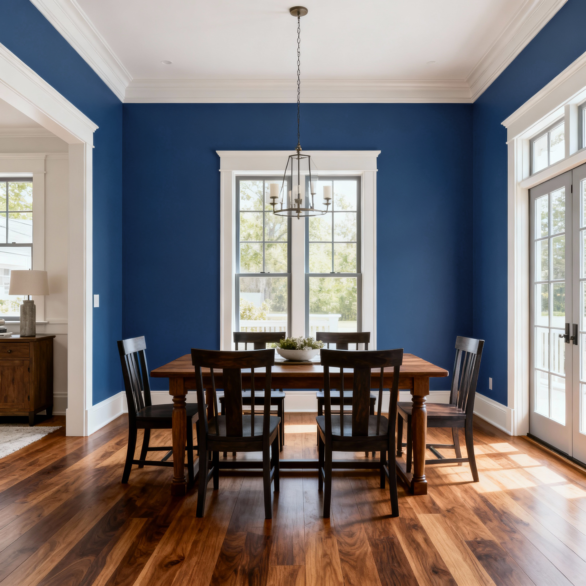 Dining room with wooden table and chairs against a blue wall.