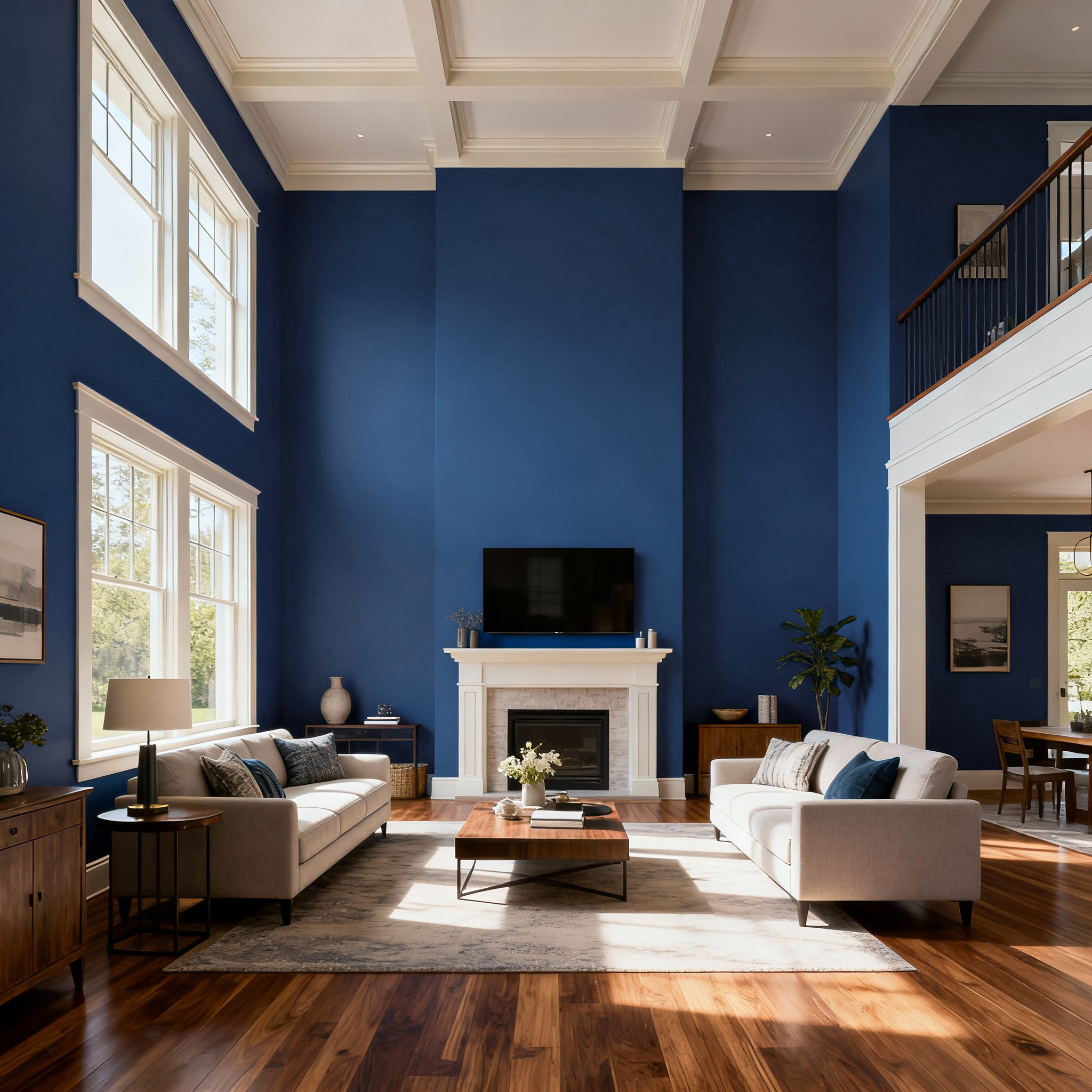 Living room with blue walls, white furniture, and wooden floors.