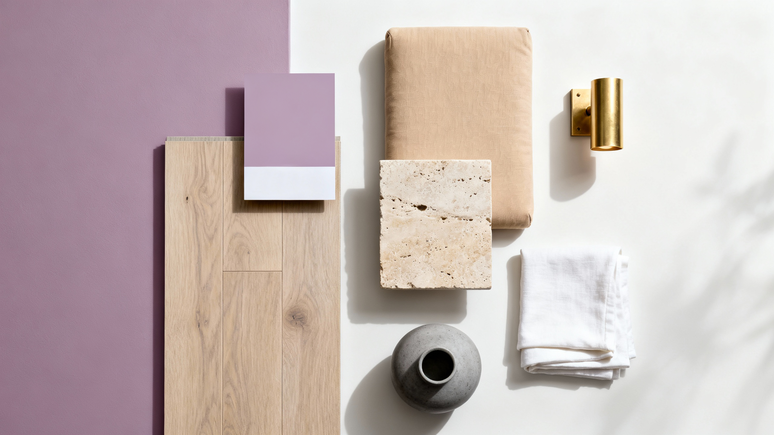 Decorative items including a vase, wall sconce, and folded towels on a white surface with a purple wall.