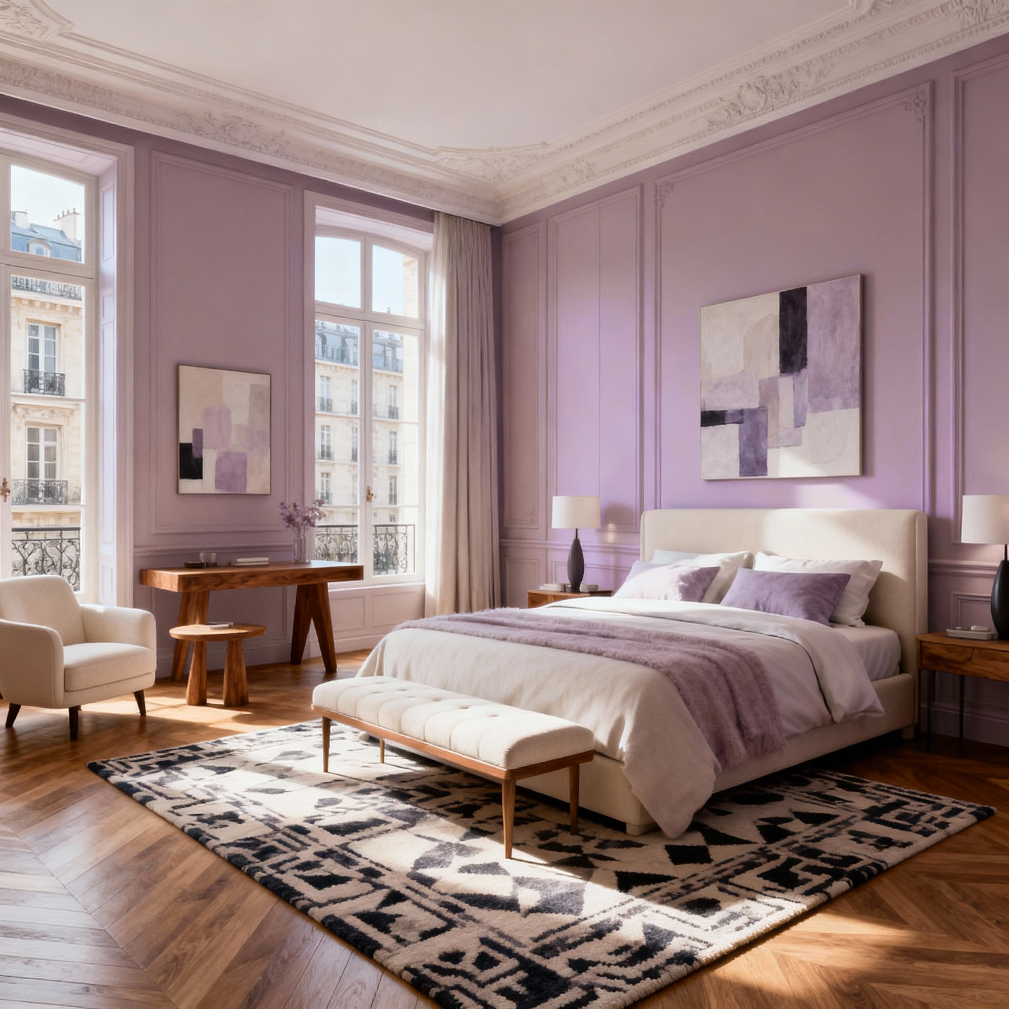 Luxurious bedroom with purple walls, white furniture, and abstract art.