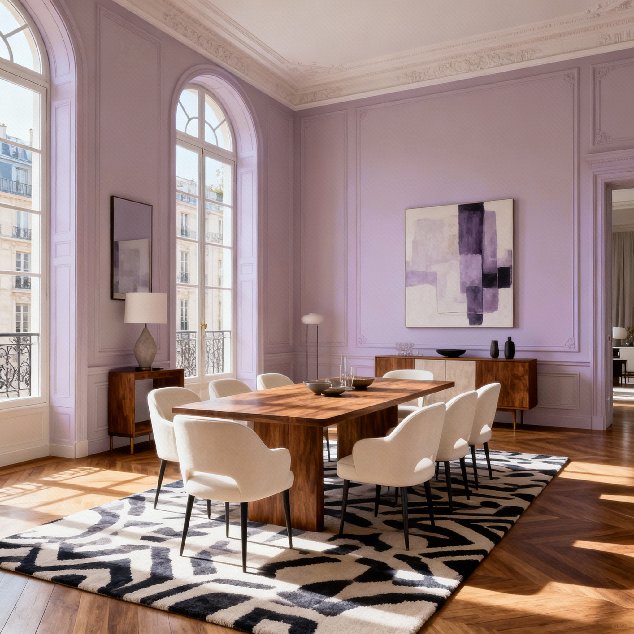 Elegant dining room with purple walls, wooden table, and white chairs.