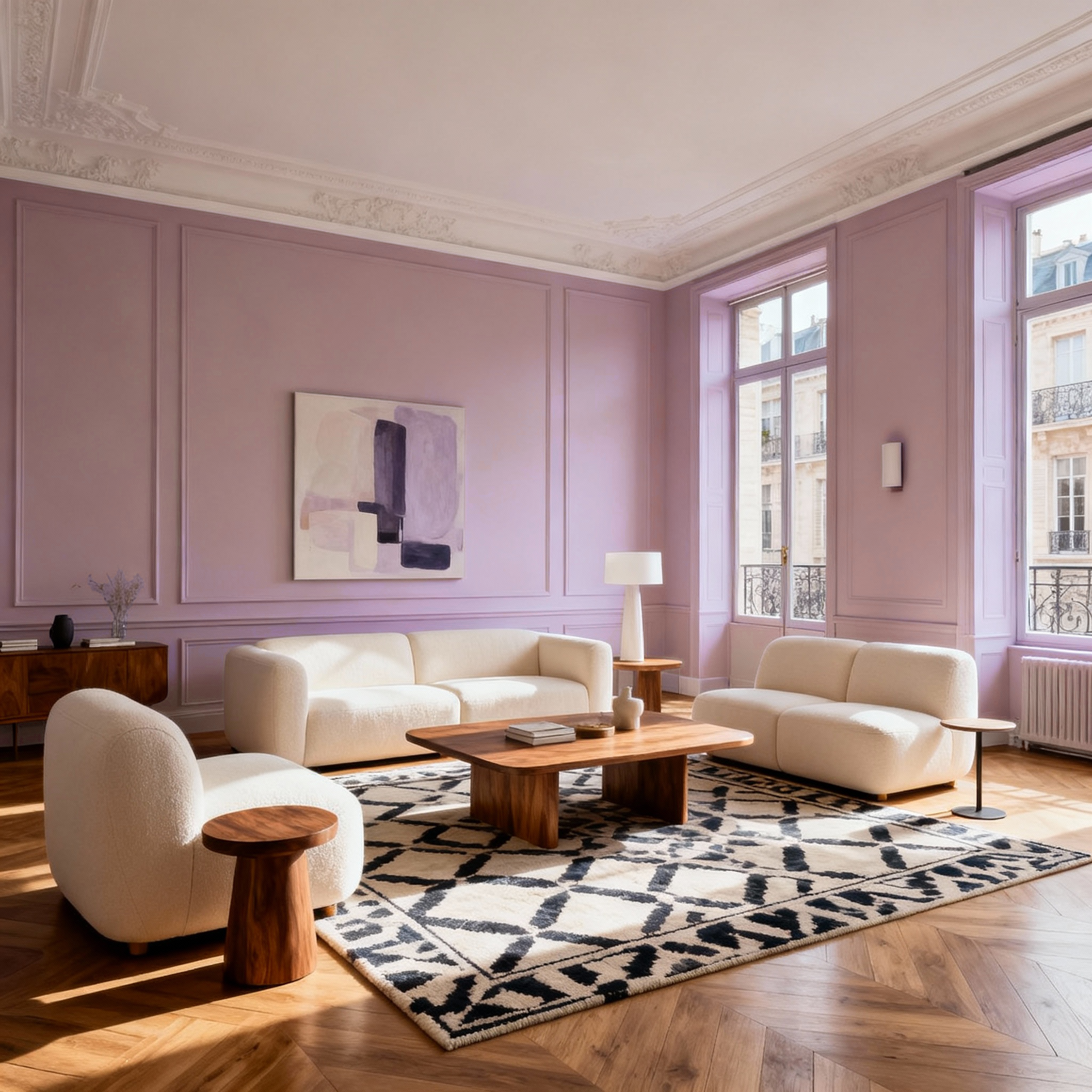 Modern living room with white sofas, wooden coffee table, and abstract art on a purple wall.