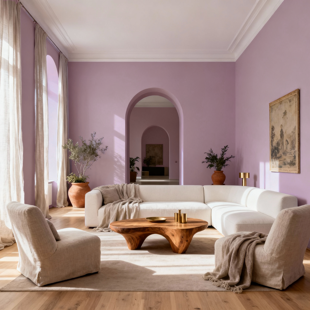 Living room with lavender walls, white furniture, and wooden coffee table.