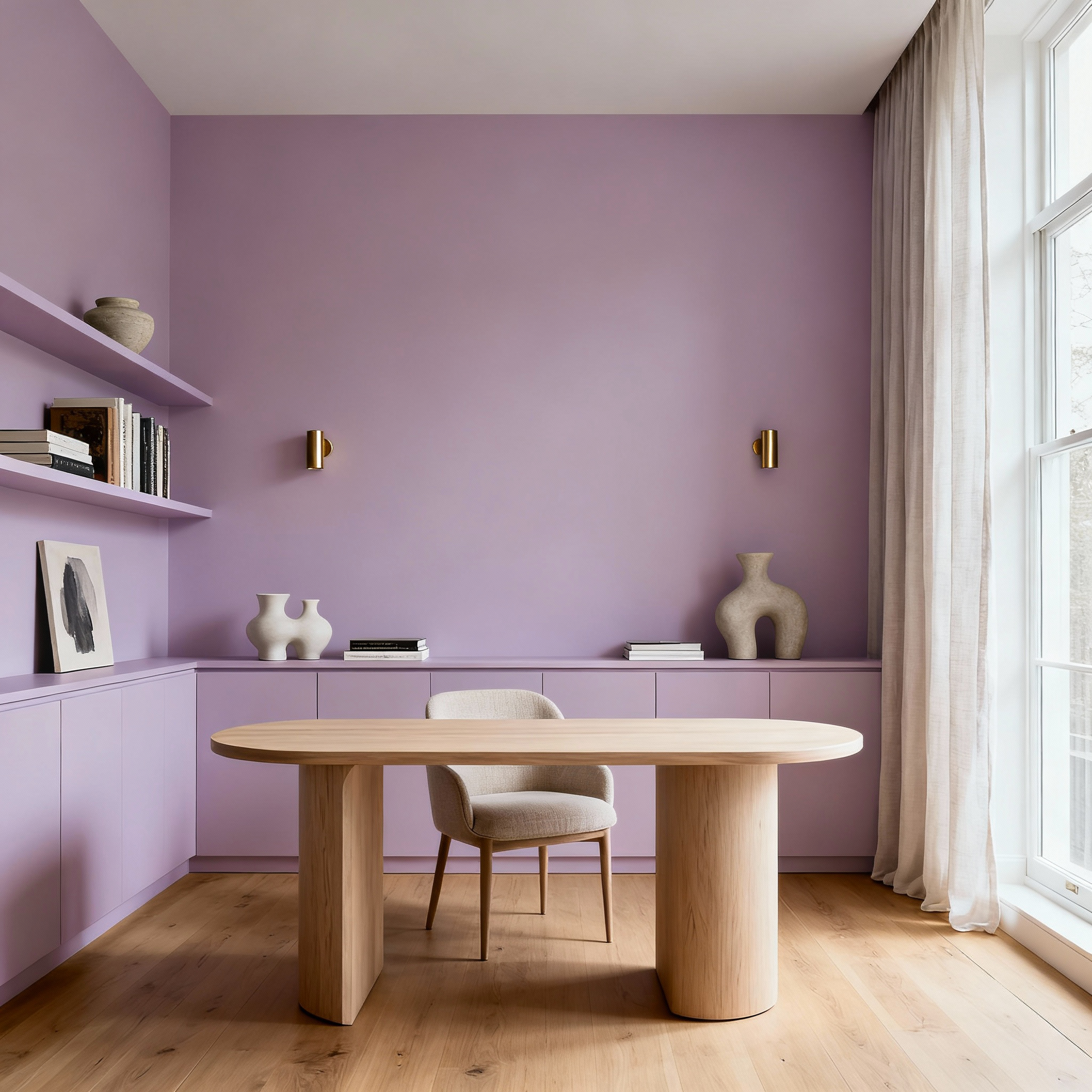 Modern interior with a light wood dining table and chairs against a purple wall.