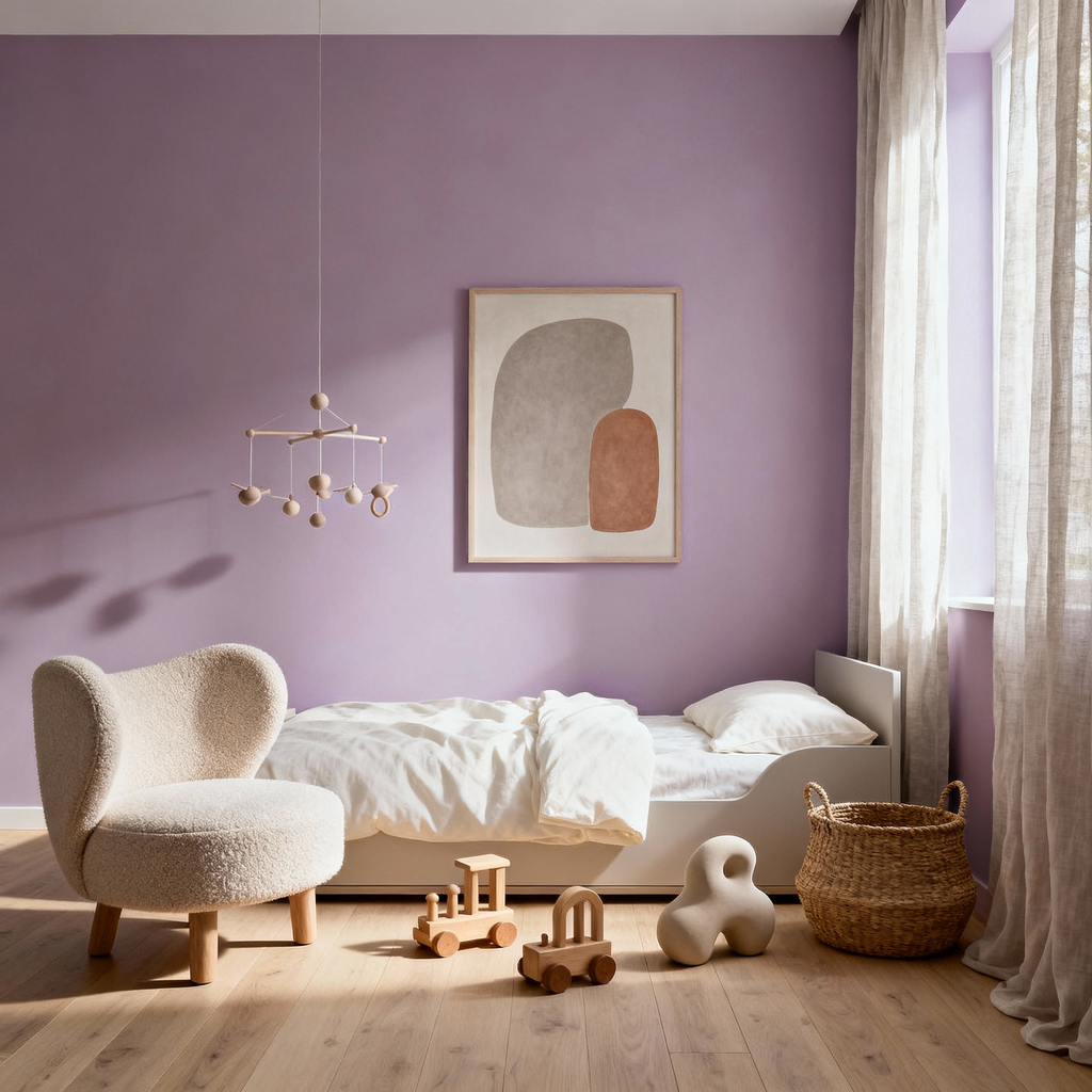 Children's room with a purple wall, white bed, and wooden toys.