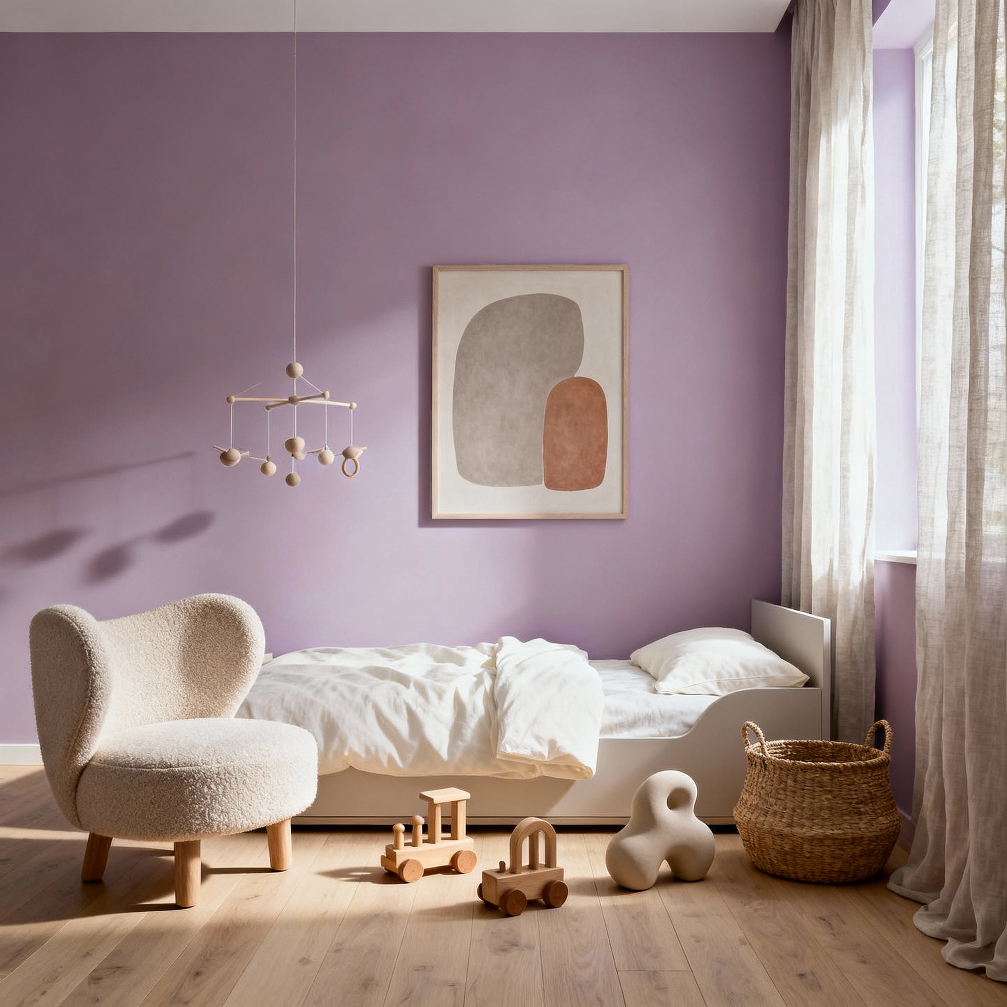 Children's room with a purple wall, white bed, and wooden toys.