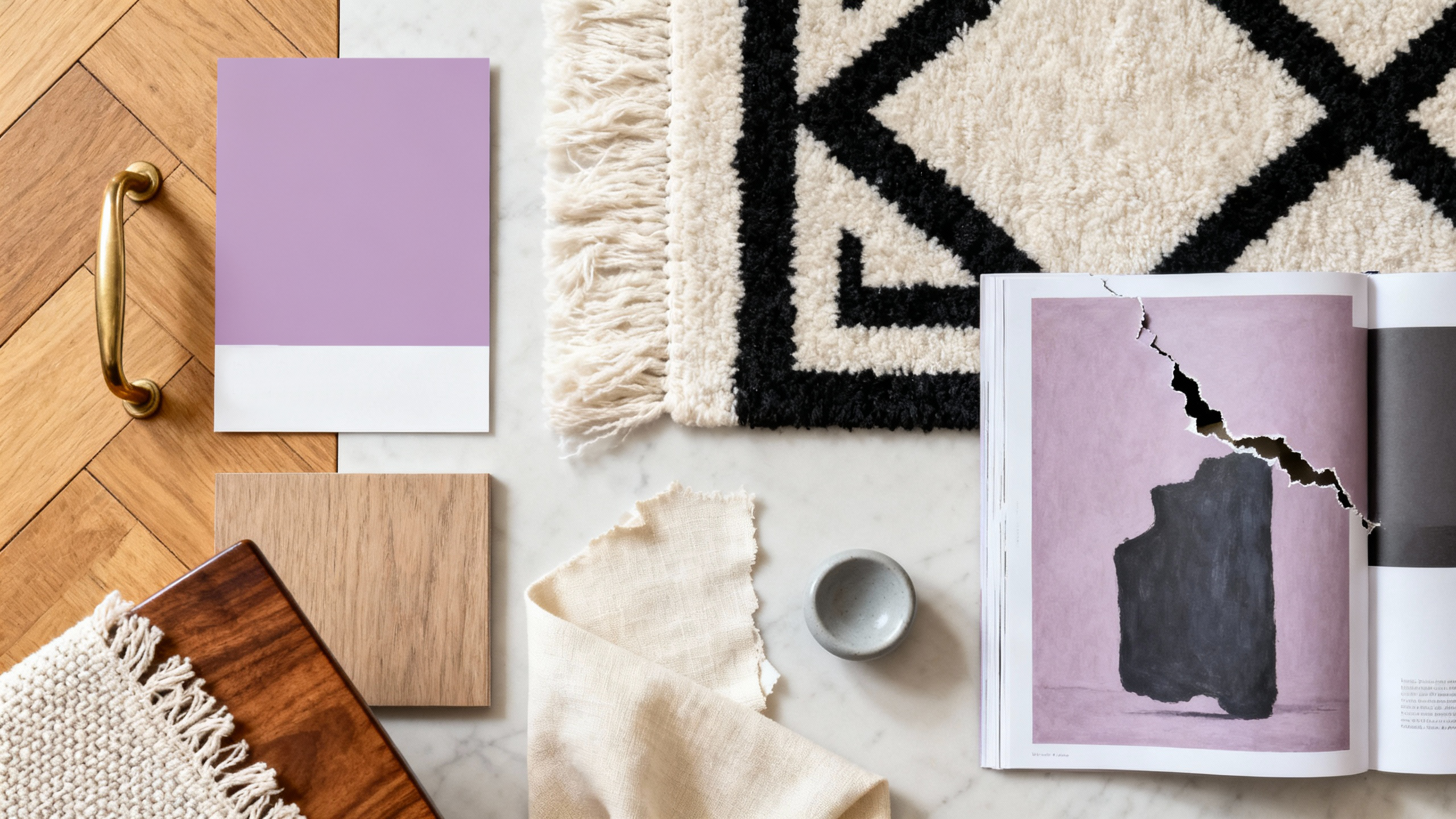 Color swatches, wooden items, and a book on a surface with a rug in the background.