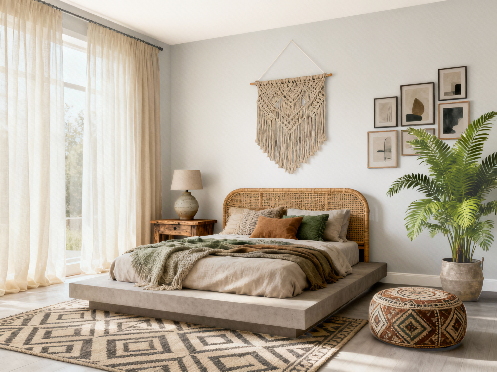Cozy bedroom with a bed, lamp, and decorative wall art.
