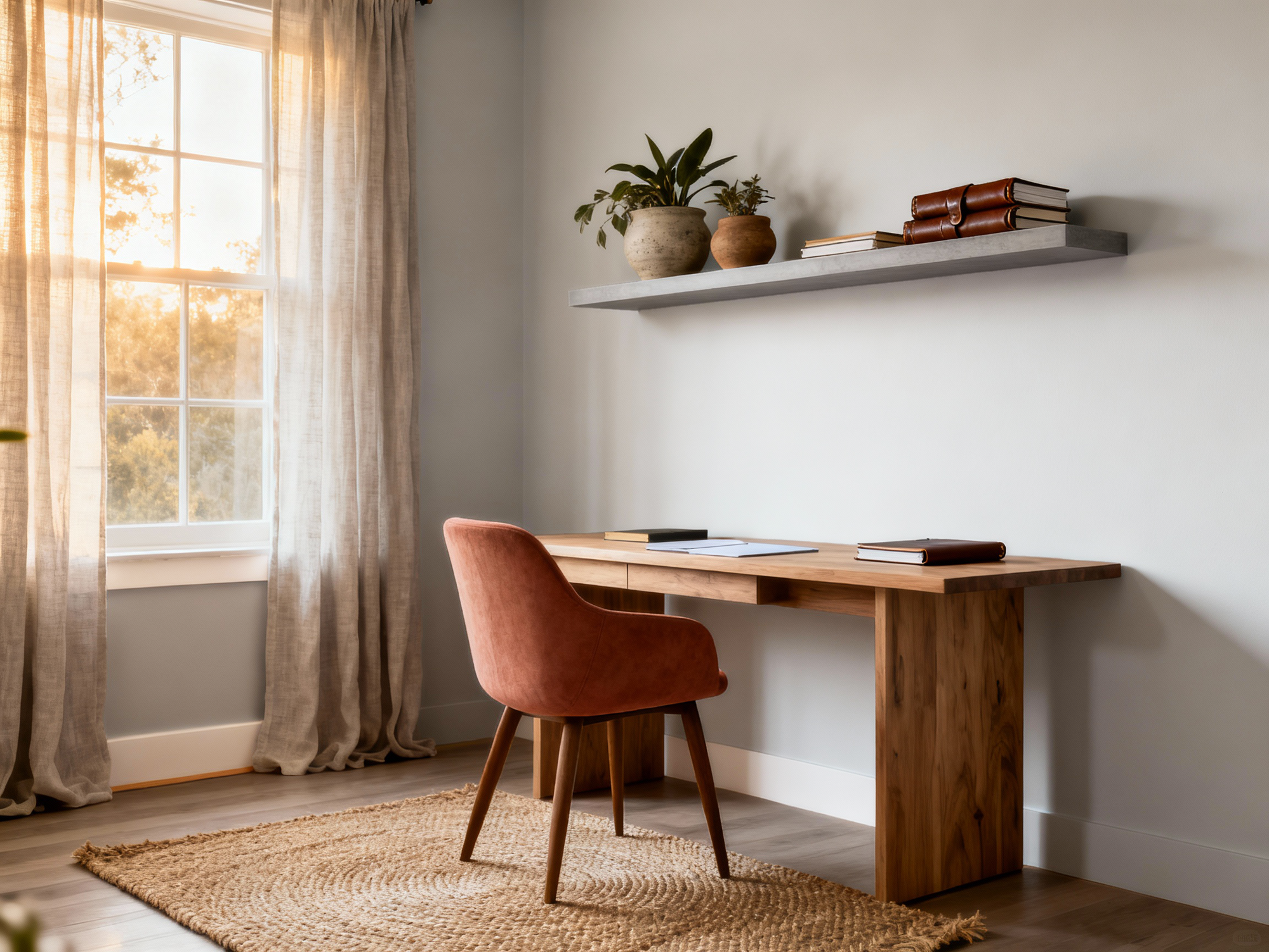 Home office with wooden desk, chair, and decorative elements.