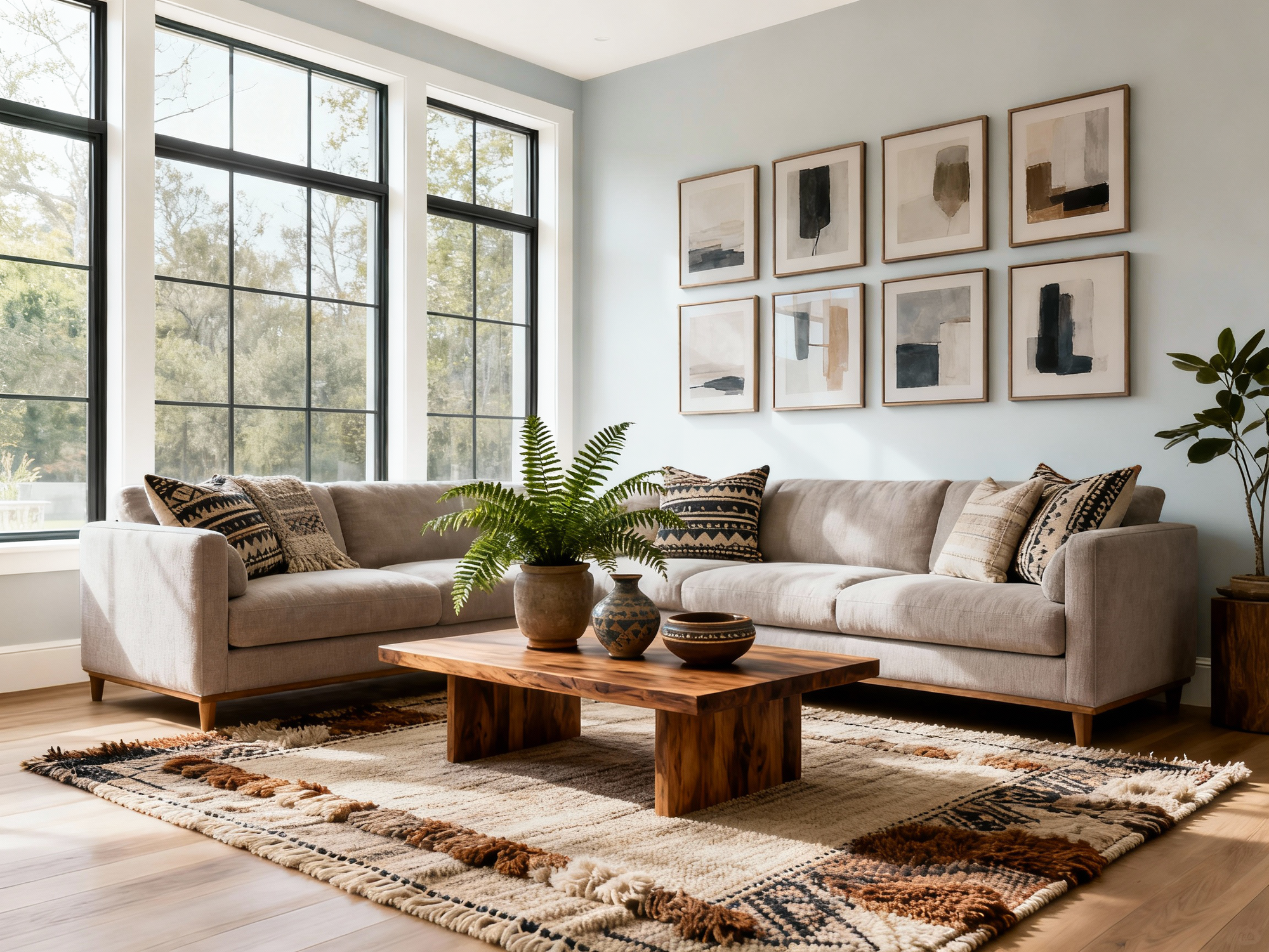 Modern living room with a gray sofa, wooden coffee table, and framed art on the wall.