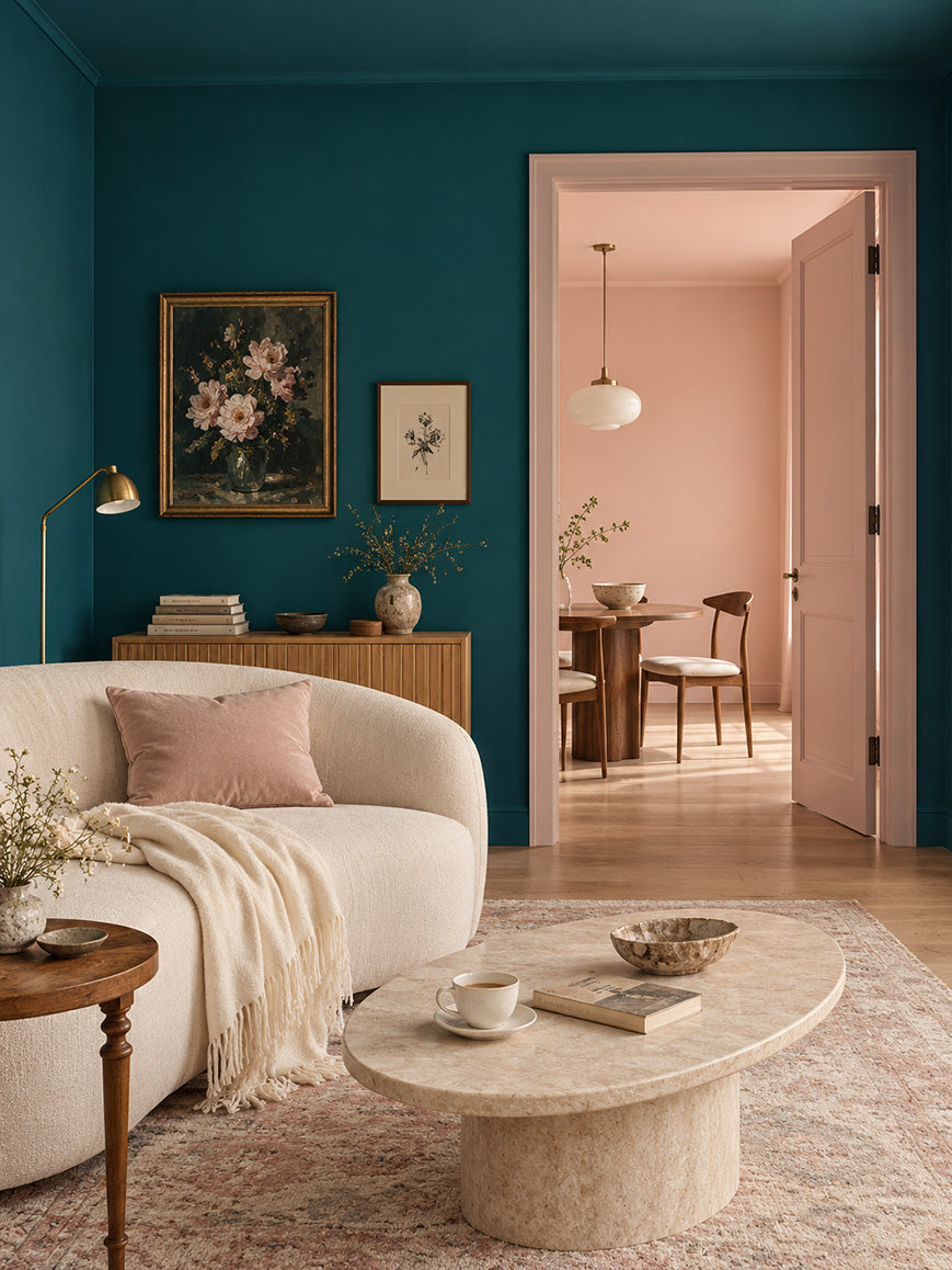 Peacock Court gives Poudre Rosé’s powdery blush a deliciously moody counterpart. The deep teal sharpens the pink’s softness, while the blush brings warmth and lightness to the richer hue. Together, they strike a balance between romance and confidence, giving adjoining rooms distinct personalities and an undeniable connection.