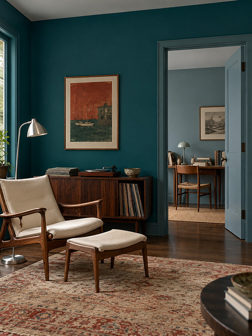 Peacock Court and Salt Fjord move through blue and green with an easy affinity. Salt Fjord’s smoky softness gives the deeper teal a gentler setting, while Peacock Court adds richness to the muted palette. Together, they offer the continuity of a tonal scheme with enough depth to make every doorway feel like a discovery.