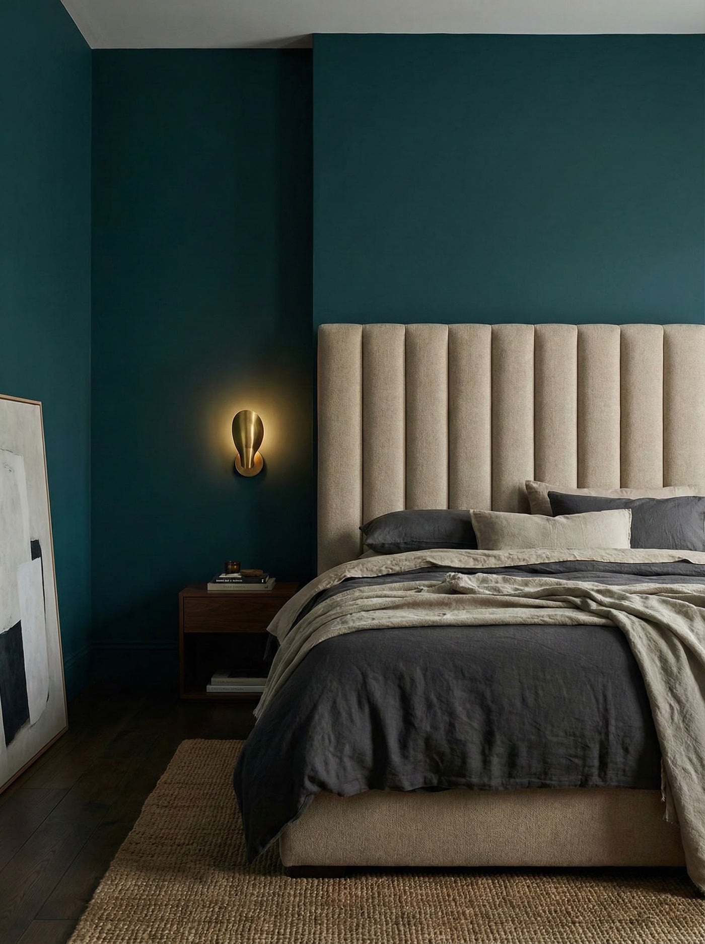 Modern bedroom with teal walls, a beige upholstered headboard, and dark bedding.