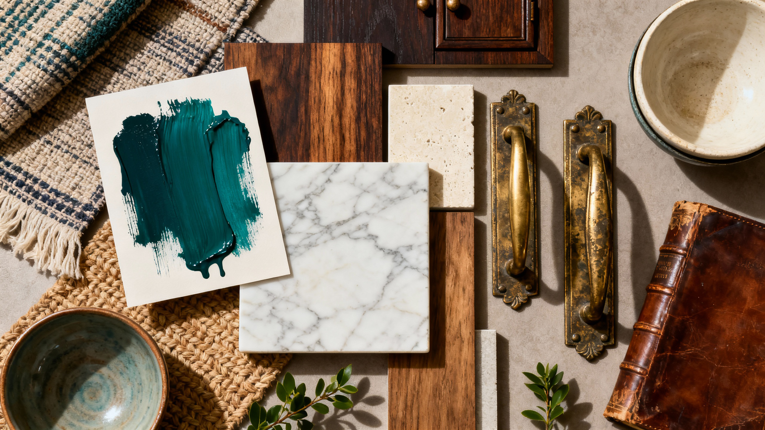 Collection of decorative items including a teal paint swatch, marble-patterned paper, brass door handles, and a leather-bound book on a textured surface.