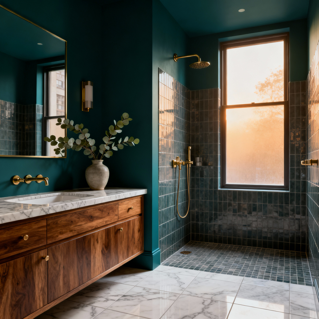 Modern bathroom with wooden vanity, marble countertop, and large window.