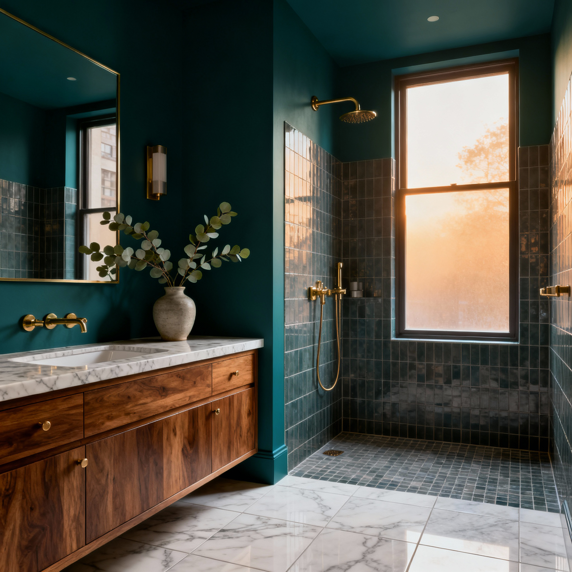 Modern bathroom with wooden vanity, marble countertop, and large window.